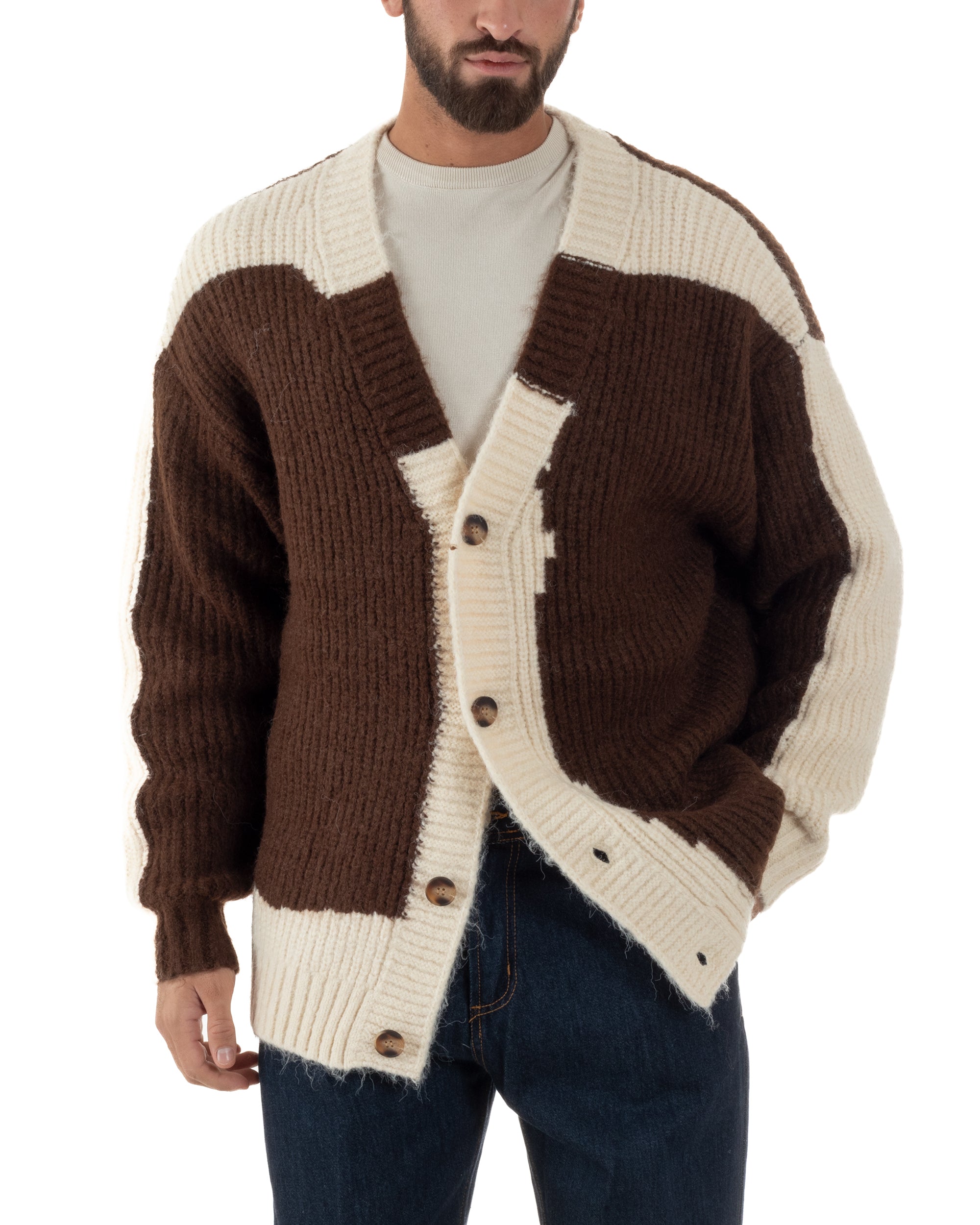 Cardigan Uomo Over Maglia Calda Maniche Raglan Spalle Scese Bicolore Marrone M3084A