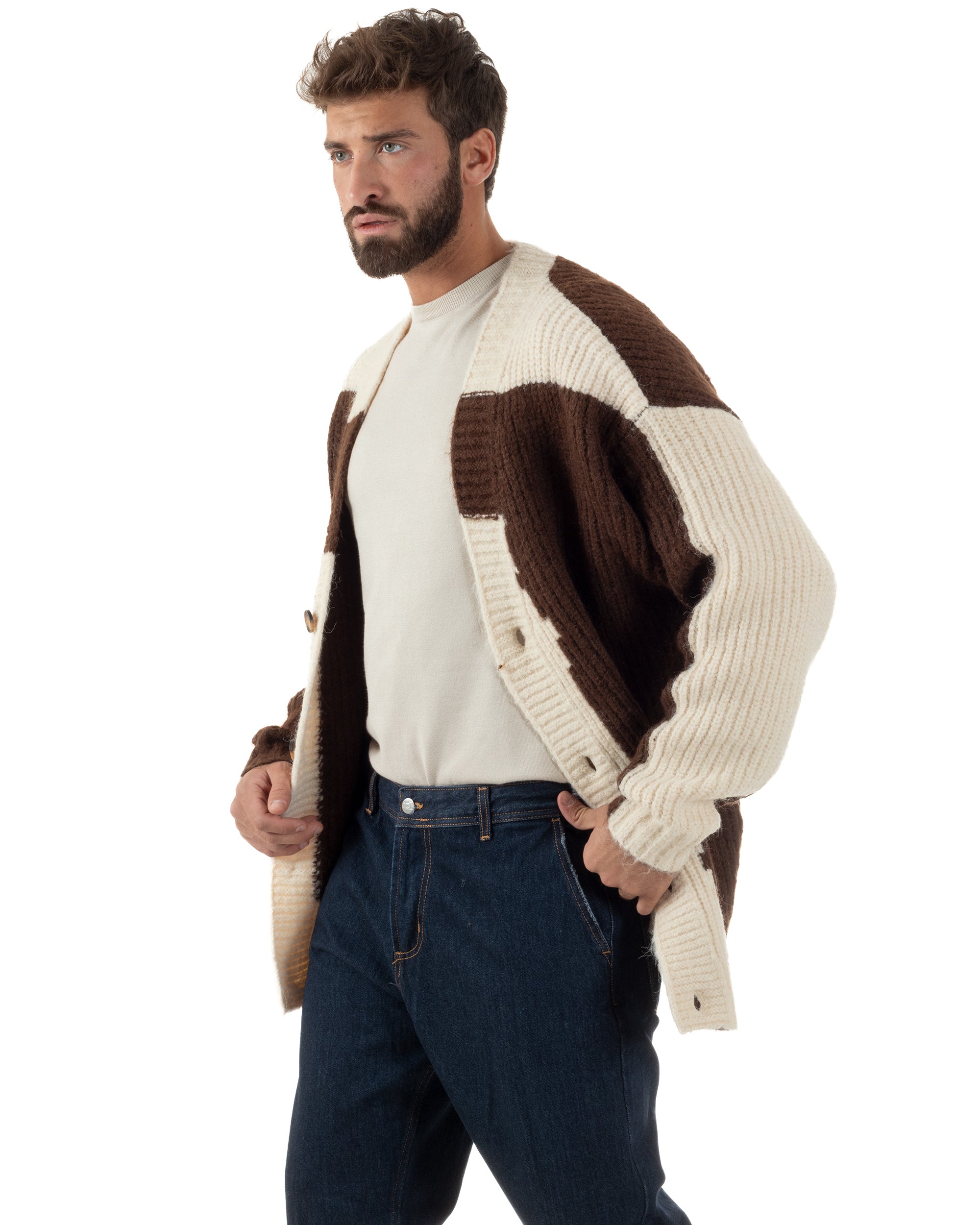 Cardigan Uomo Over Maglia Calda Maniche Raglan Spalle Scese Bicolore Marrone M3084A