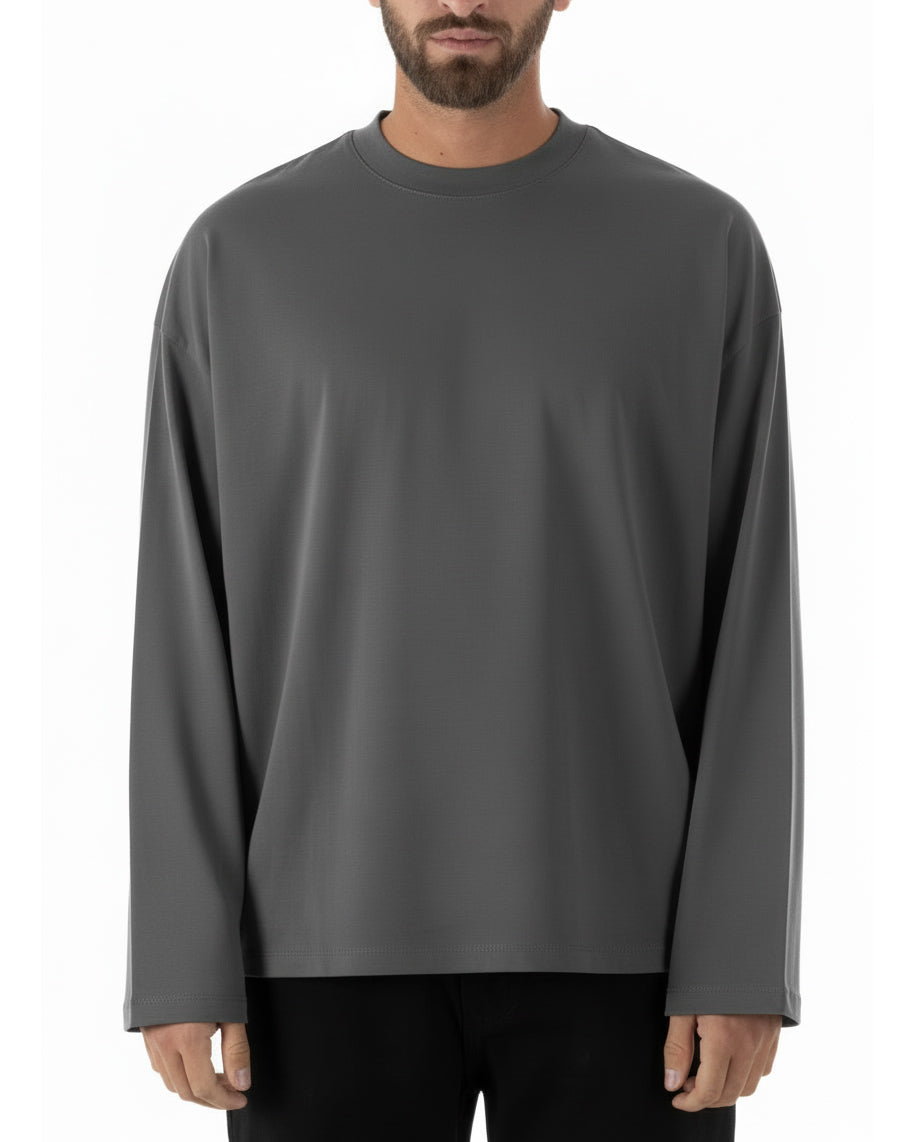 Vista frontale maglia uomo piombo girocollo long sleeve oversize cotone