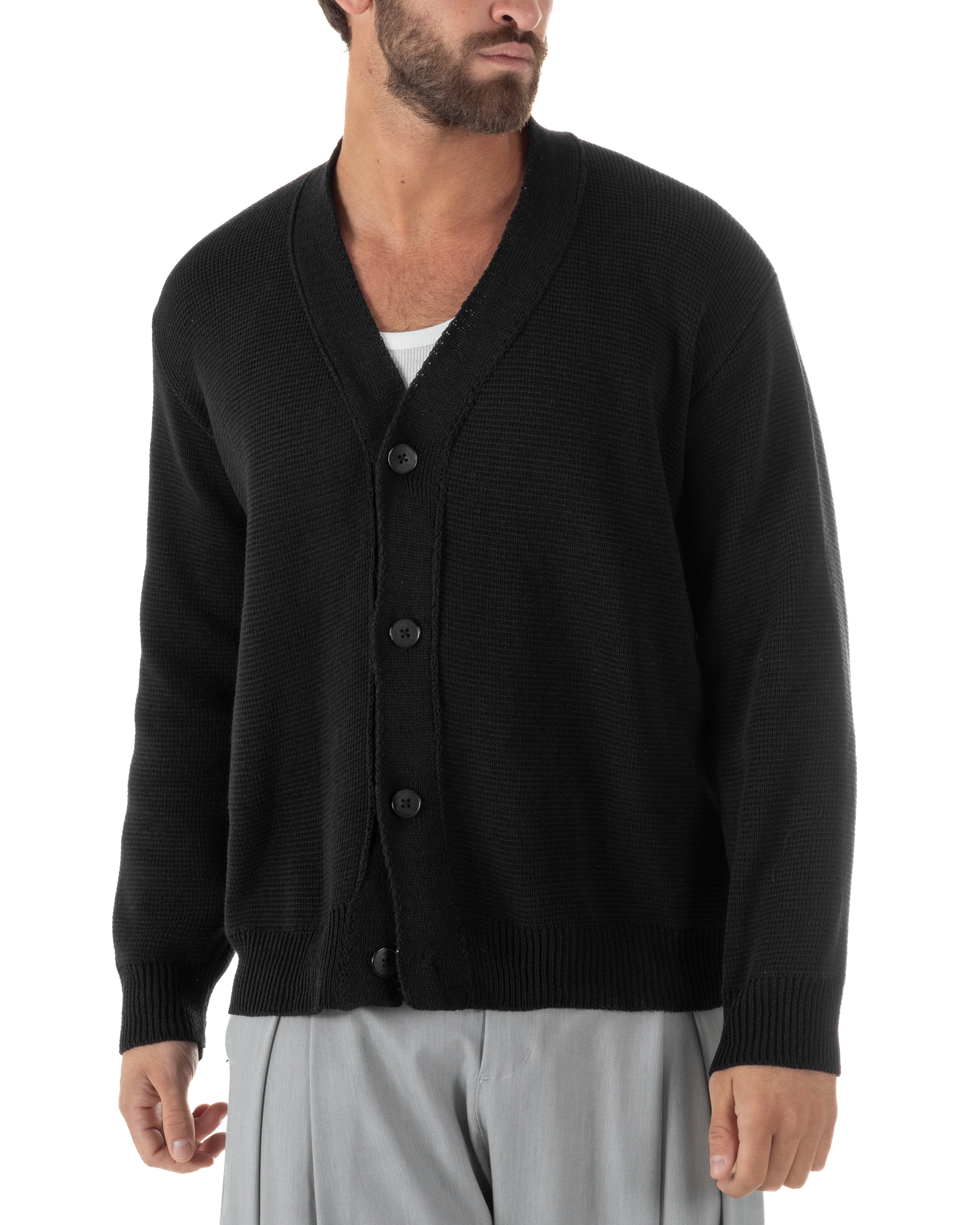 Cardigan uomo nero cropped boxy fit scollo v bottoni maglia filo