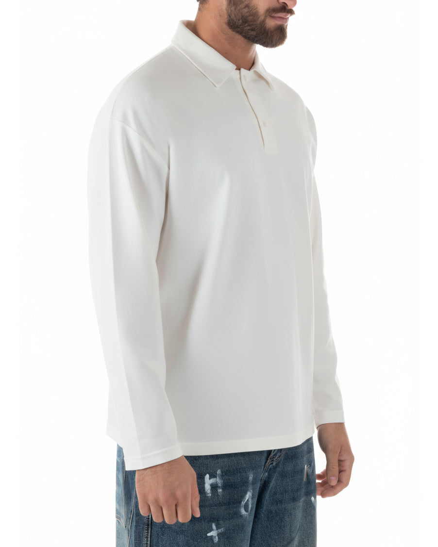 Vista laterale polo uomo bianco panna oversize manica lunga spalle dropped