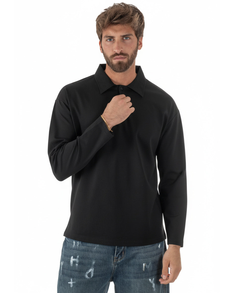 Vista completa polo uomo nero oversize manica lunga colletto casual elegante