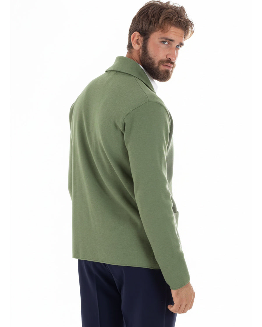 Vista completa posteriore cardigan uomo verde pesto doppiopetto maglia links 50% cotone made in Italy