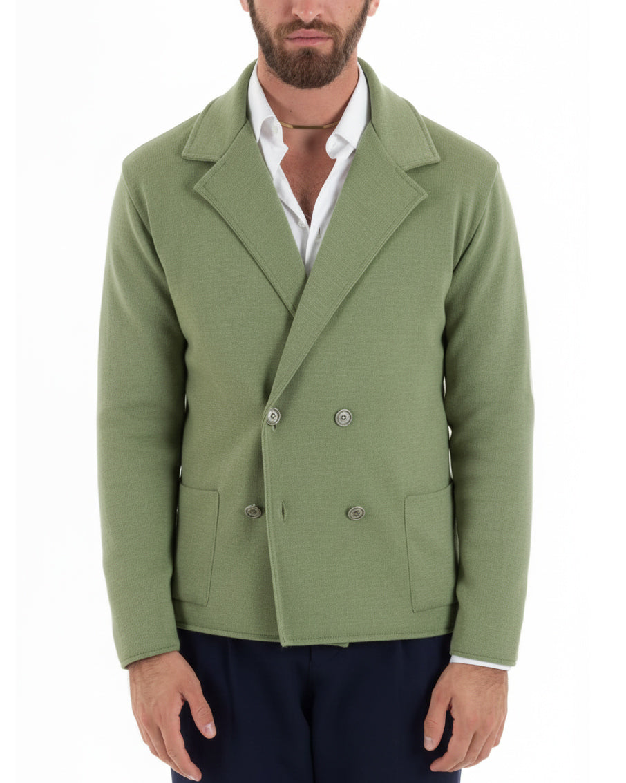 Vista frontale cardigan doppiopetto verde pesto colletto rever classico uomo cotone