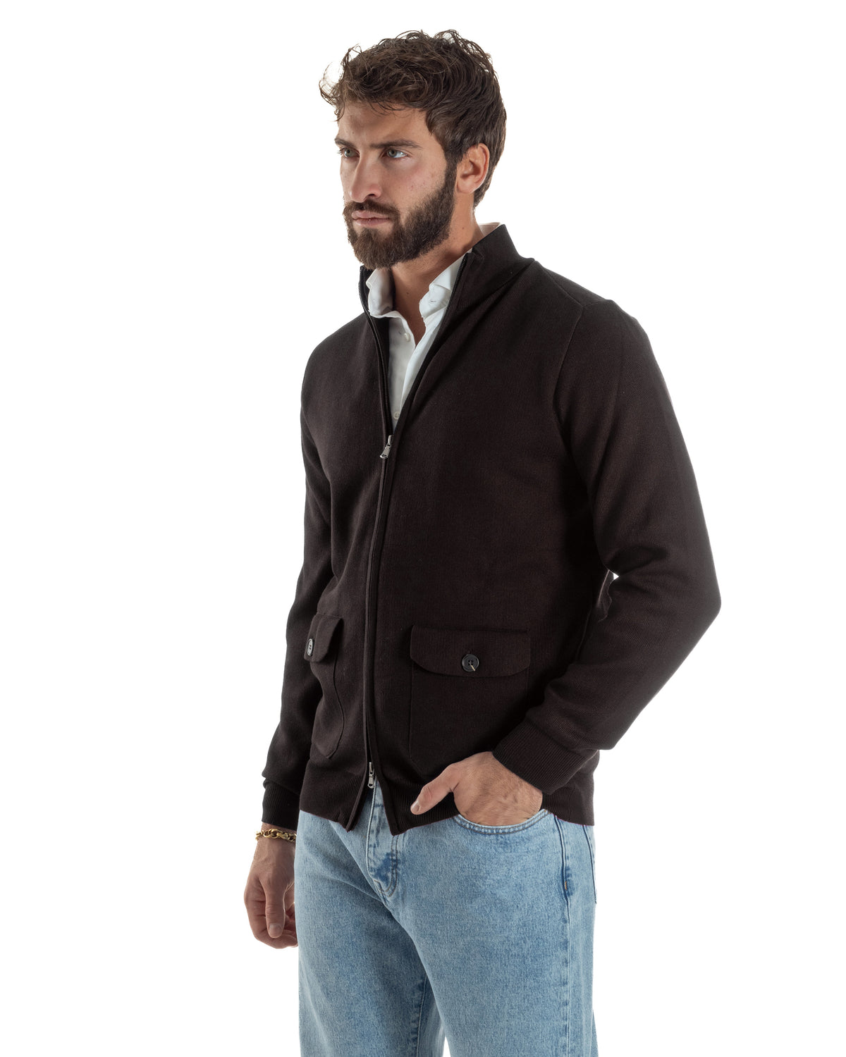 Cardigan uomo ciacca comoda calda maglioncino con collo zip marrone GIOSAL-M3103A