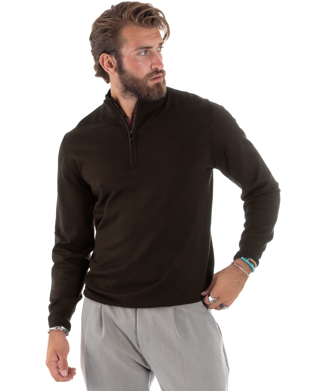 Maglioncino Uomo Maglia Maniche Lunghe Rasata Basic Pullover Mezza Zip Tinta Unita Marrone GIOSAL-M3105A