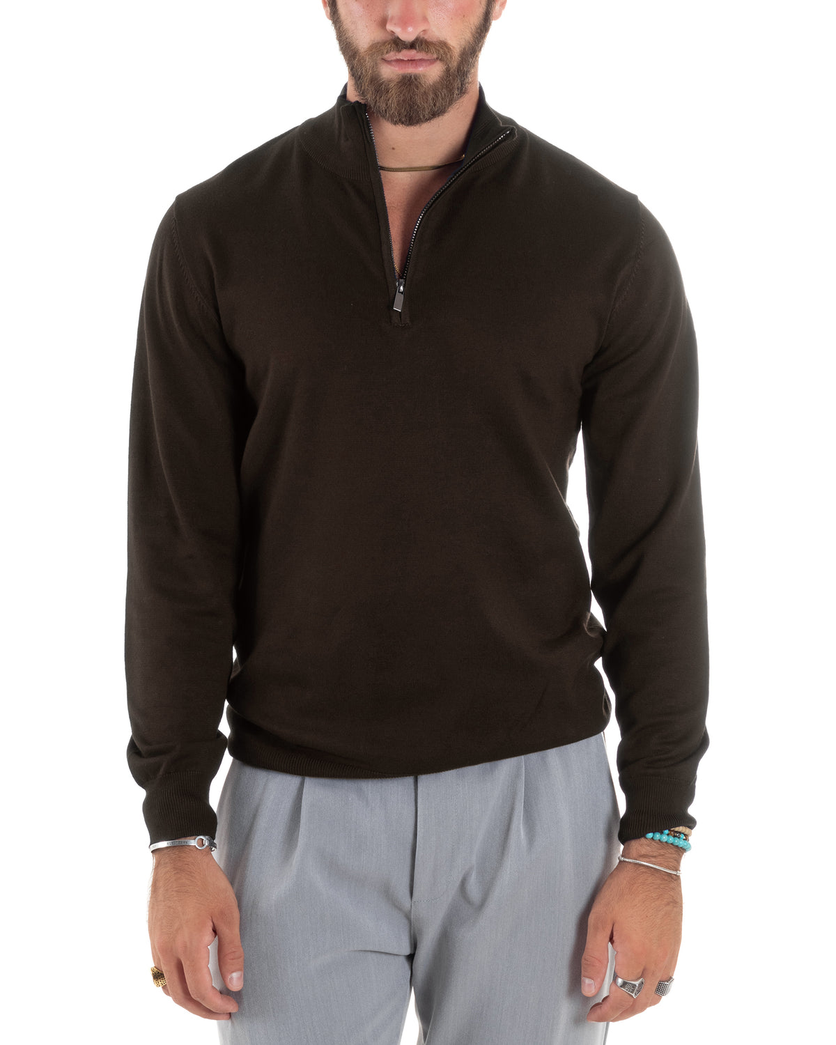 Maglioncino Uomo Maglia Maniche Lunghe Rasata Basic Pullover Mezza Zip Tinta Unita Marrone GIOSAL-M3105A
