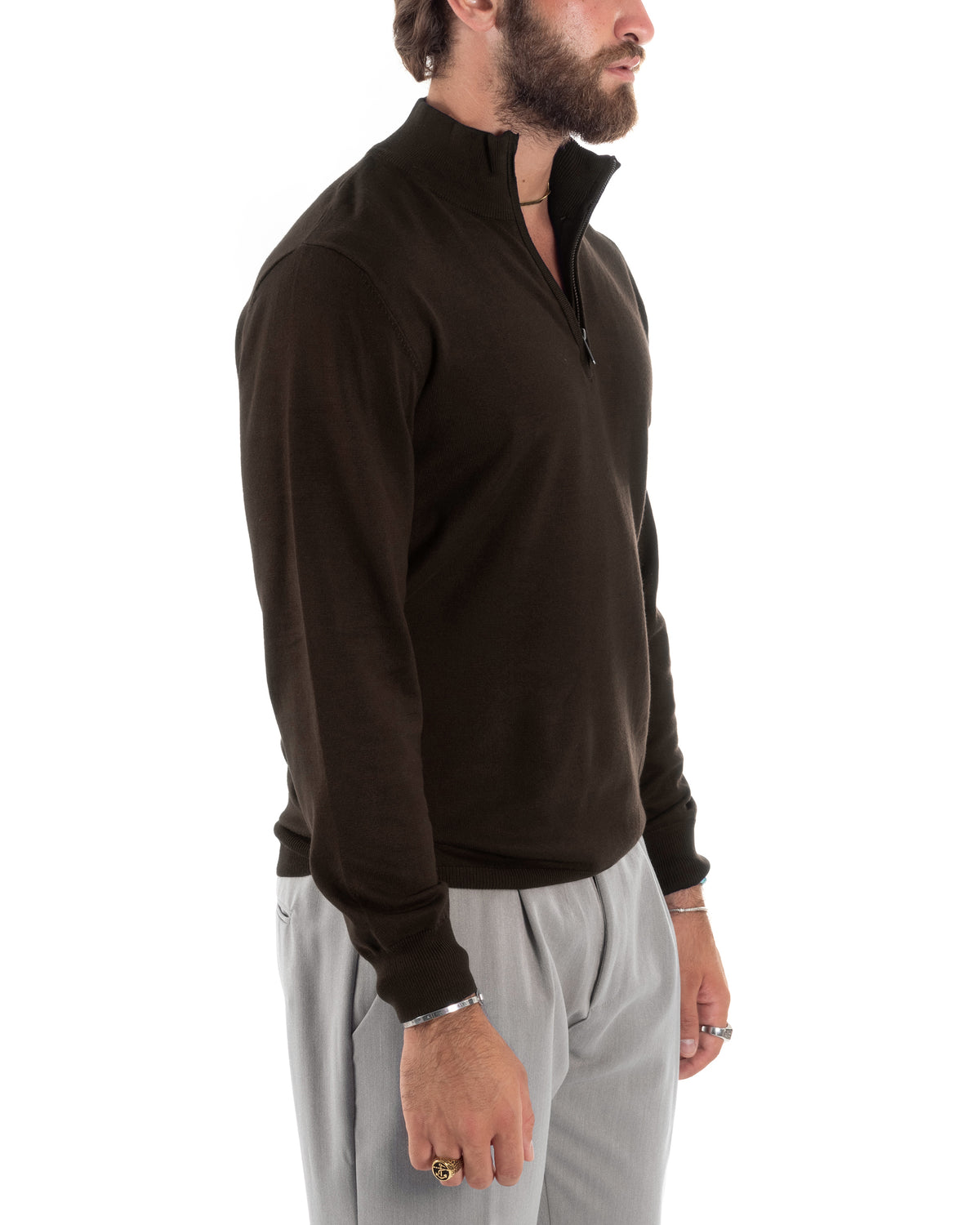 Maglioncino Uomo Maglia Maniche Lunghe Rasata Basic Pullover Mezza Zip Tinta Unita Marrone GIOSAL-M3105A