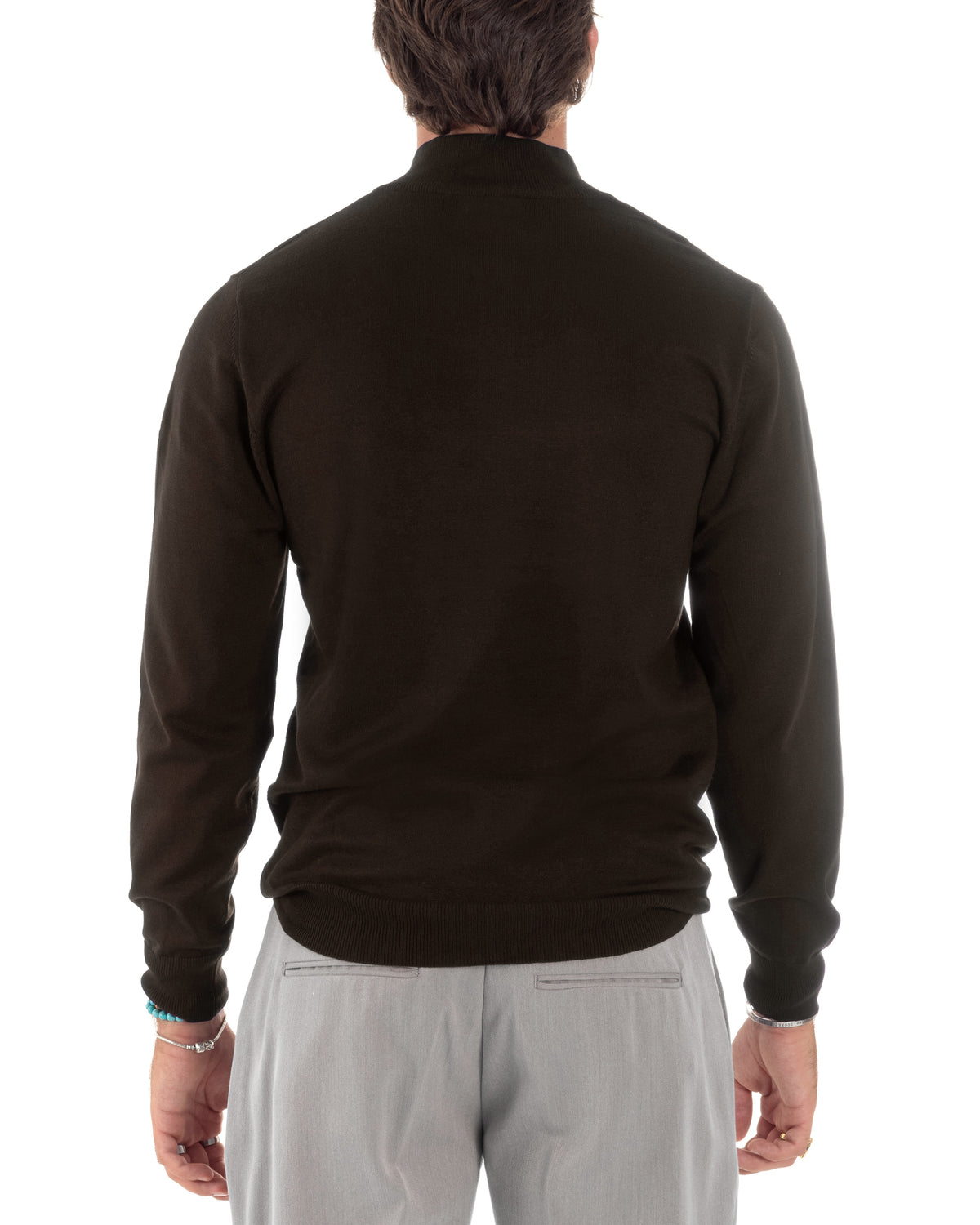 Maglioncino Uomo Maglia Maniche Lunghe Rasata Basic Pullover Mezza Zip Tinta Unita Marrone GIOSAL-M3105A