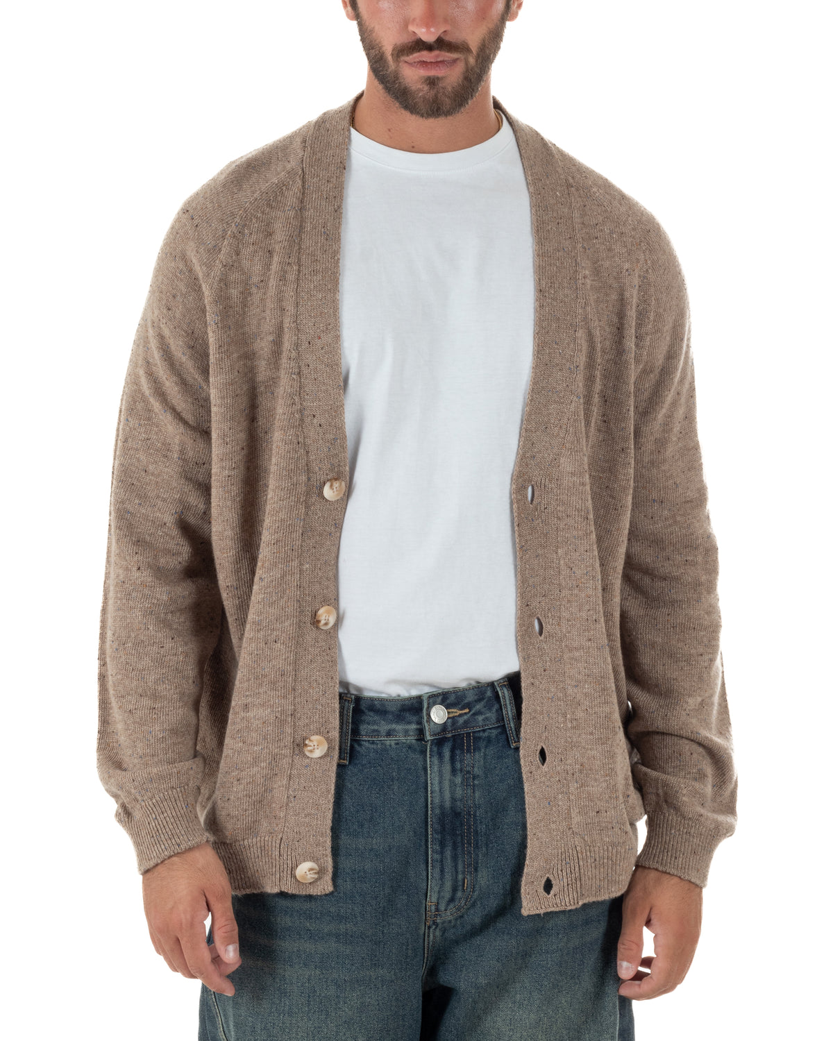 Cardigan uomo filo scollo v maglia giacca bottoni beige BlackSunday-M3106A