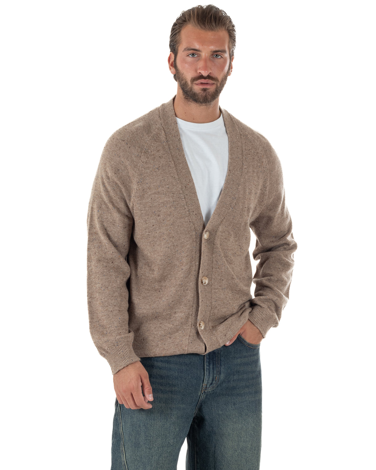 Cardigan uomo filo scollo v maglia giacca bottoni beige BlackSunday-M3106A