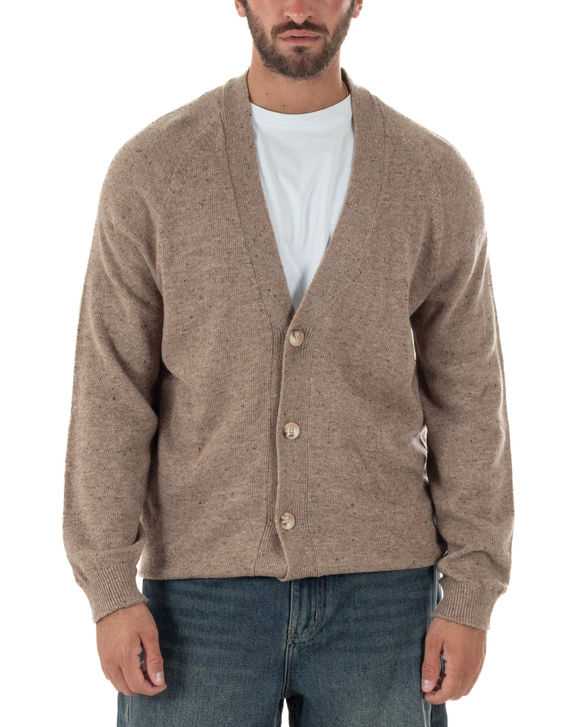 Cardigan uomo filo scollo v maglia giacca bottoni beige BlackSunday-M3106A