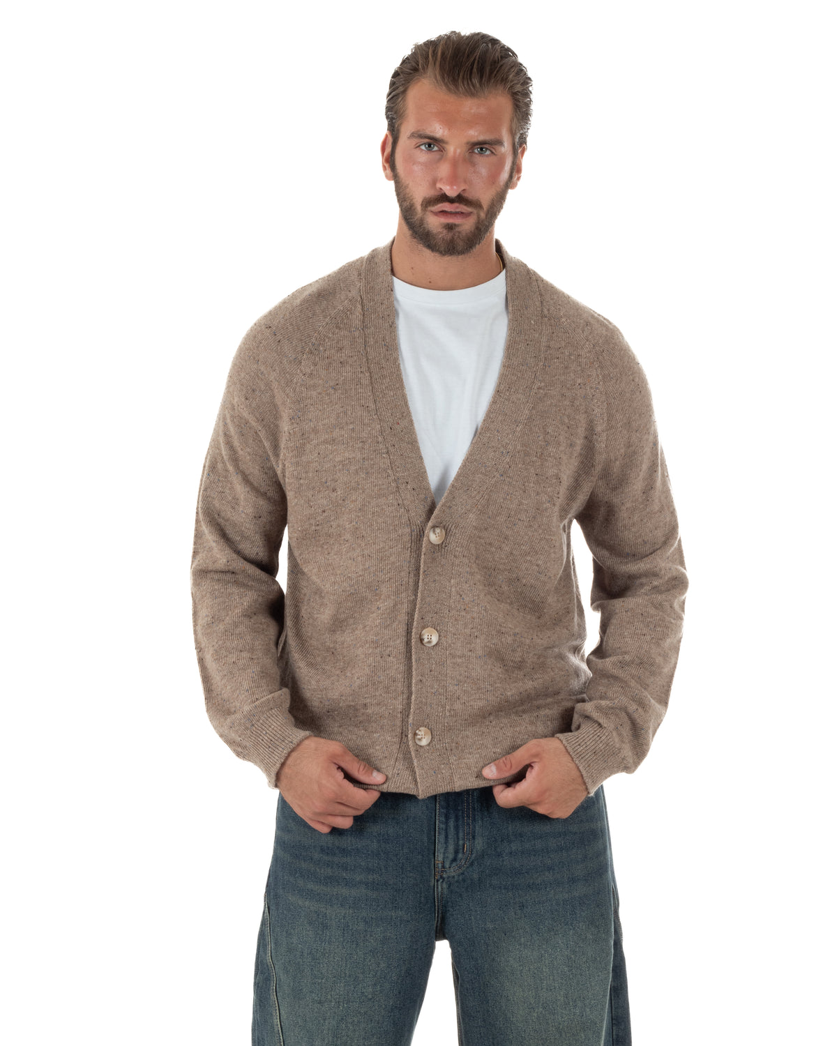Cardigan uomo filo scollo v maglia giacca bottoni beige BlackSunday-M3106A