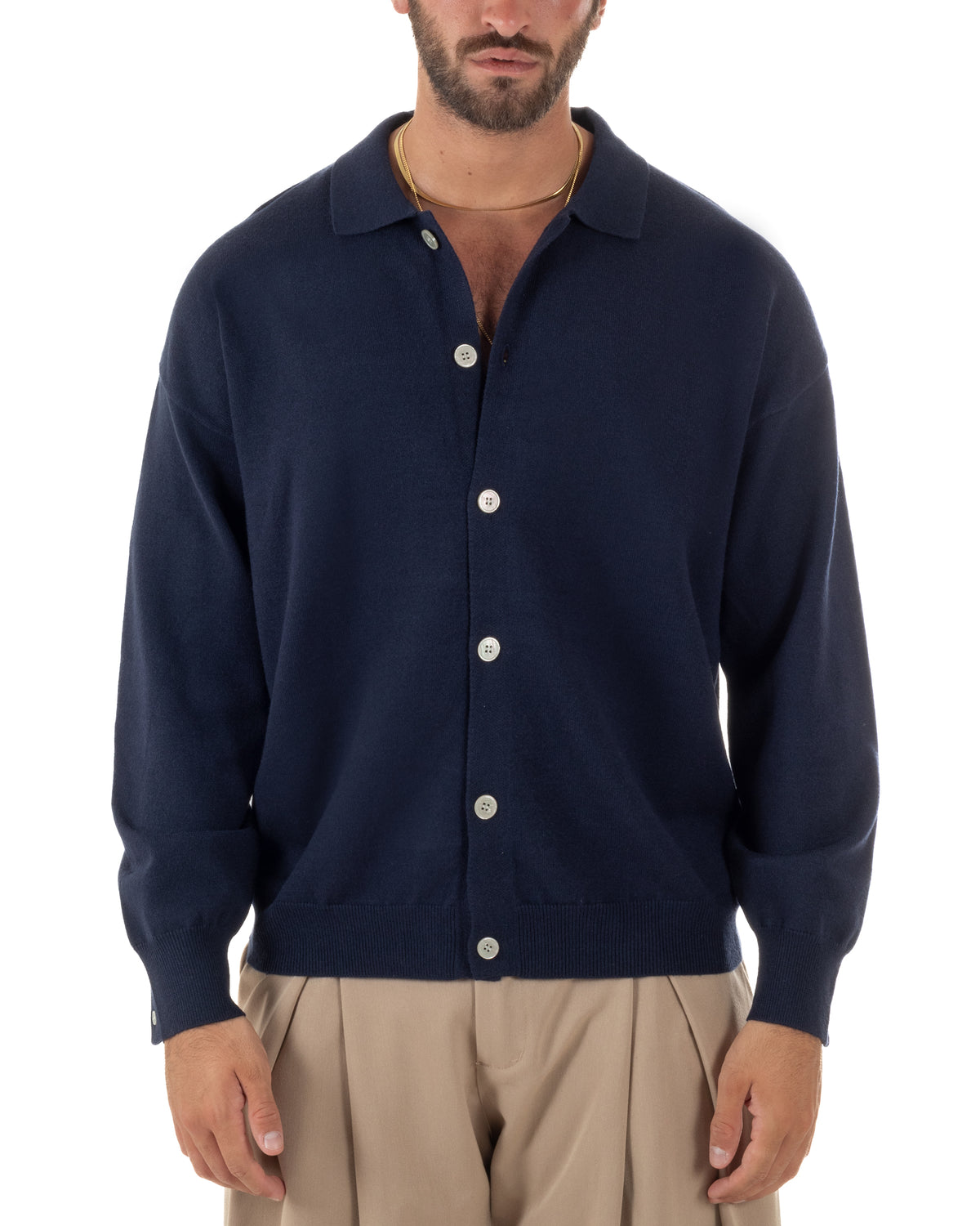Cardigan uomo con bottoni maglione con colletto polo blu GIOSAL-M3109A
