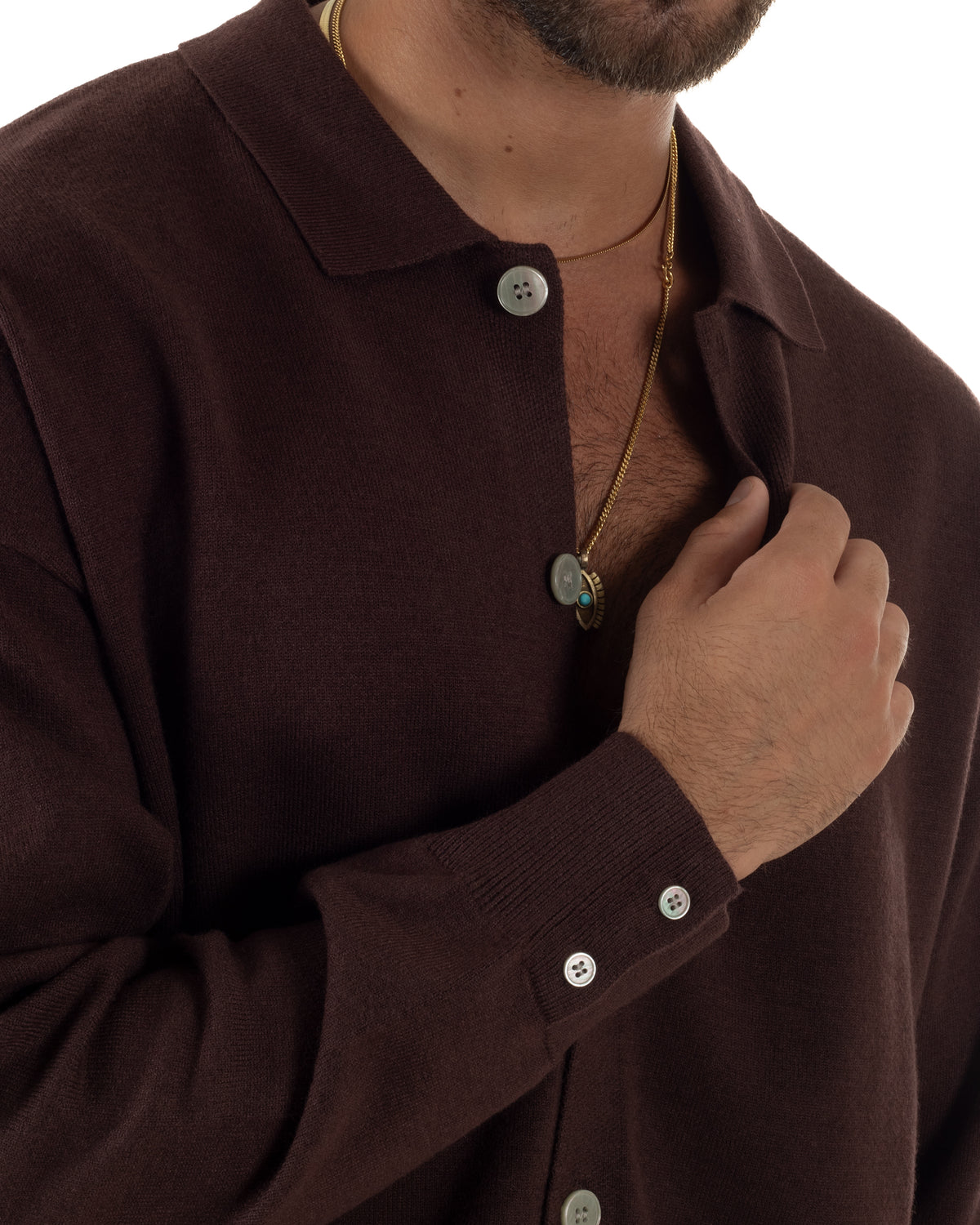 Cardigan uomo con bottoni maglione con colletto polo marrone GIOSAL-M3111A