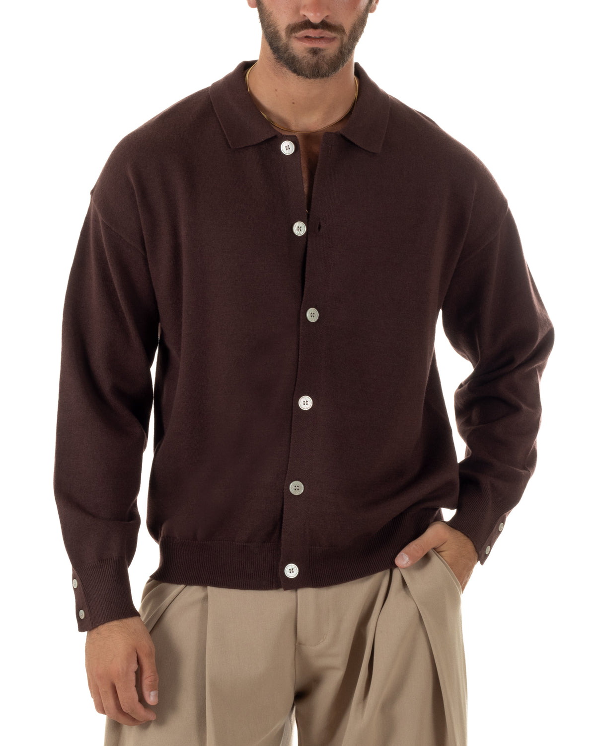 Cardigan uomo con bottoni maglione con colletto polo marrone GIOSAL-M3111A