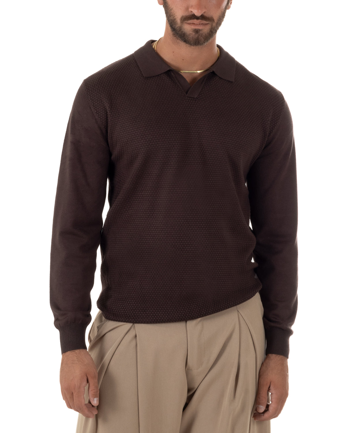 Maglioncino uomo marrone in maglia nido d’ape con colletto polo