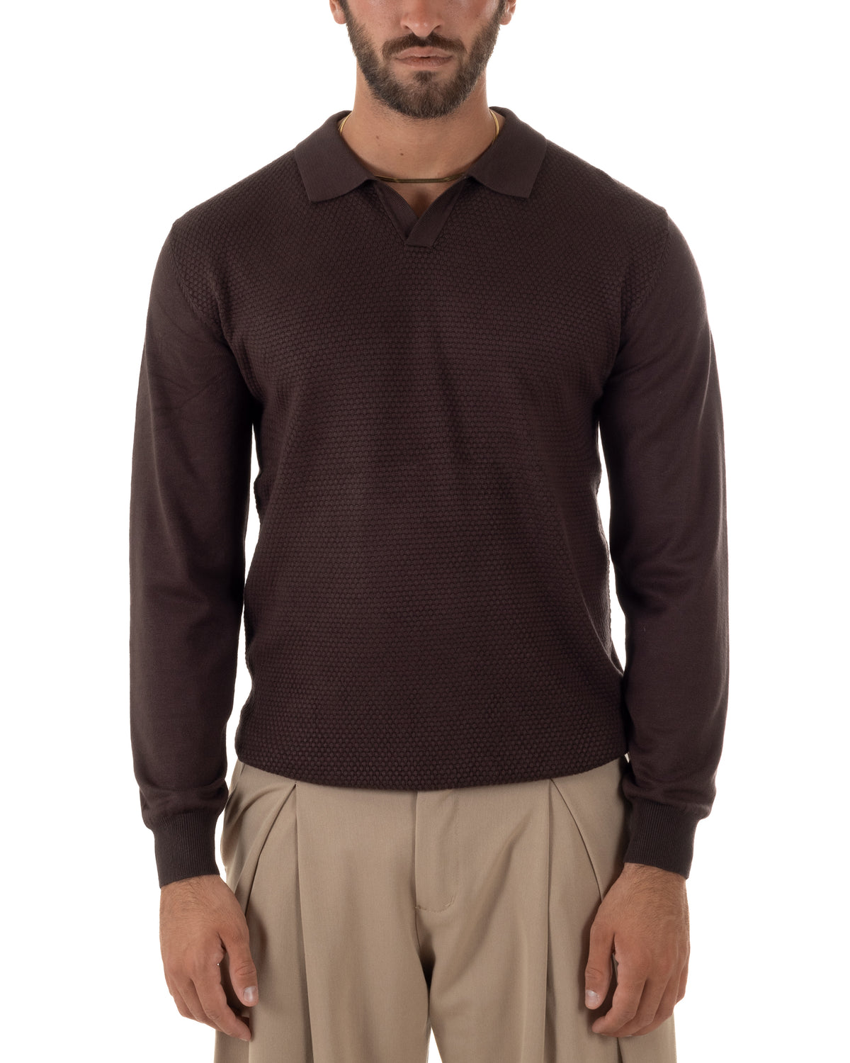 Maglia uomo GIOSAL marrone con scollo a V e colletto polo
