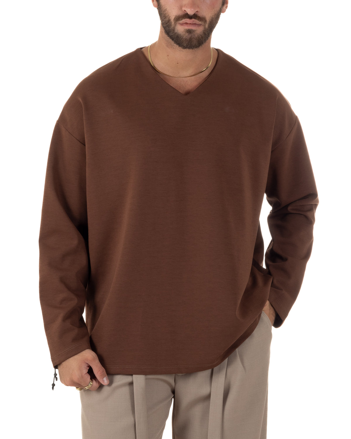 Longslive marrone oversize a maniche lunghe con scollo a V