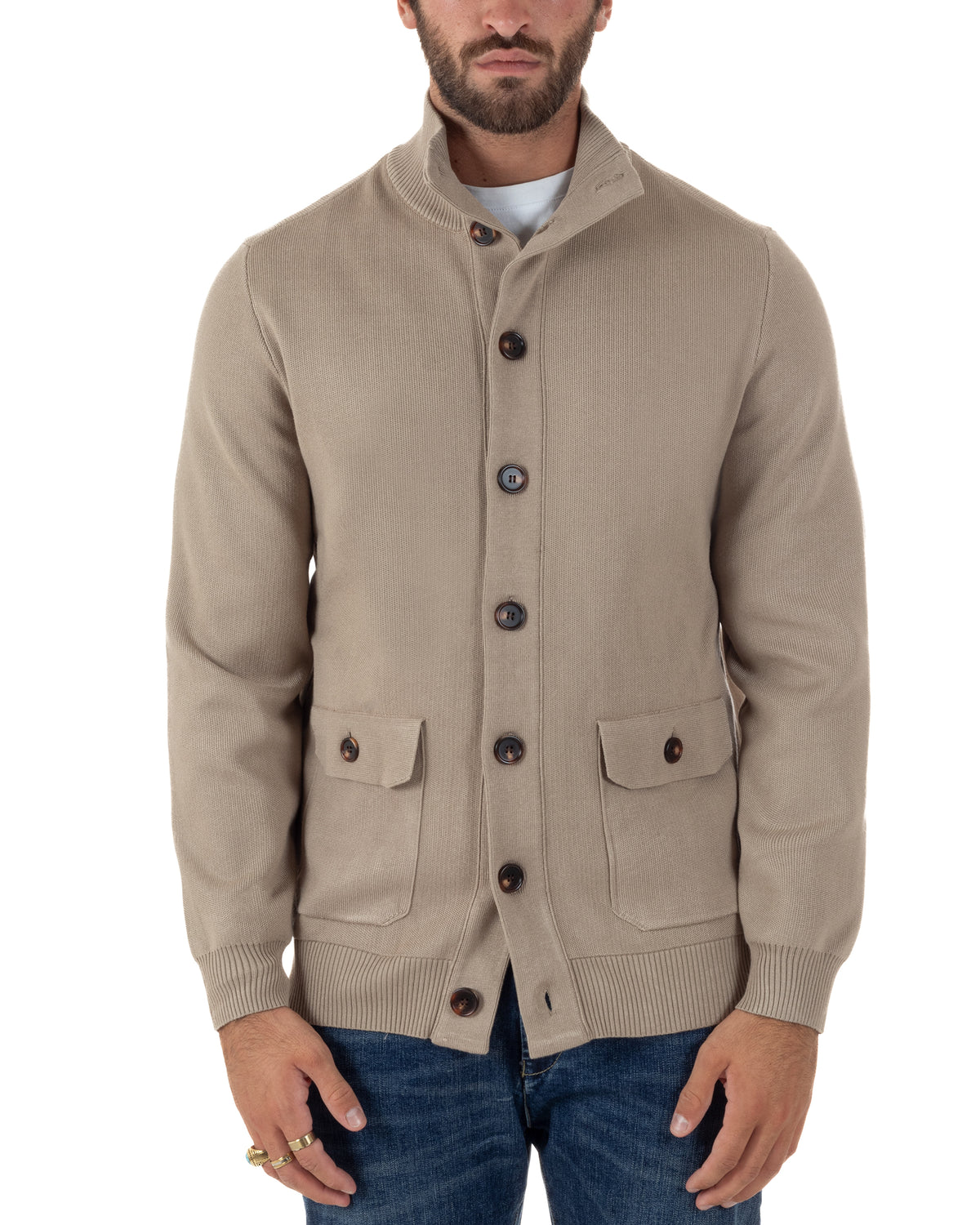 Cardigan uomo maglia con collo bottoni giacca beige GIOSAL-M3122A