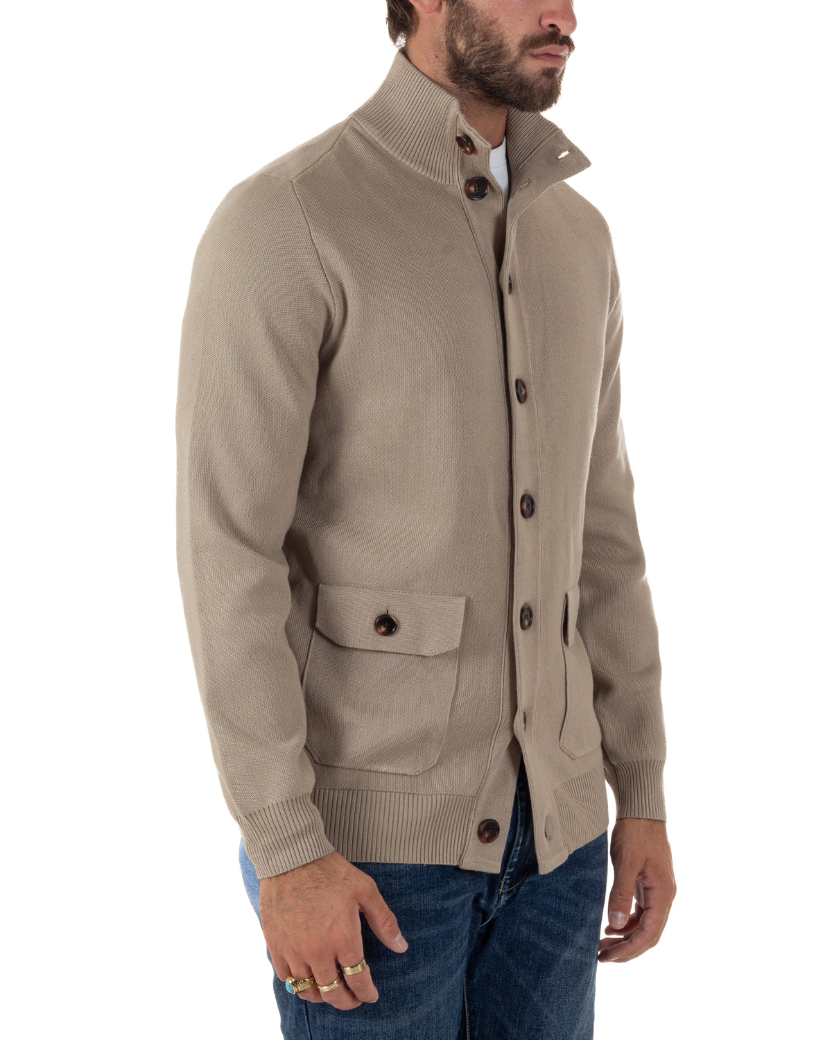 Cardigan uomo maglia con collo bottoni giacca beige GIOSAL-M3122A