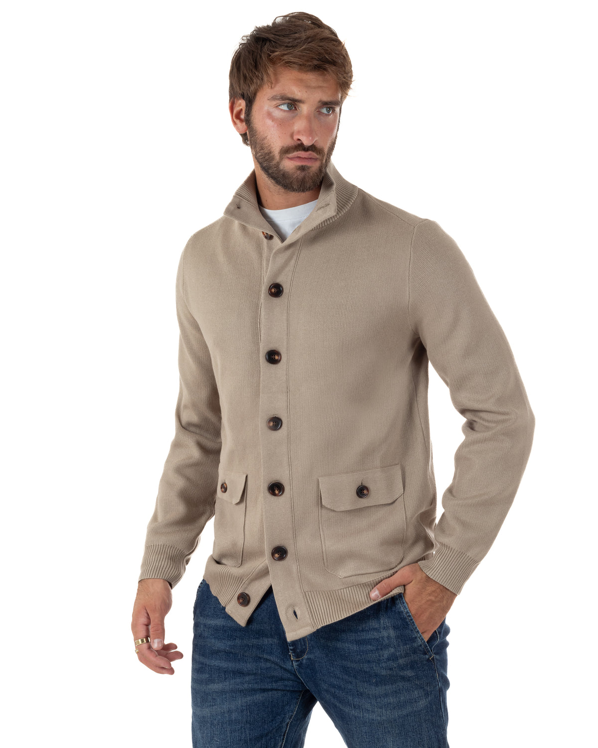 Cardigan uomo maglia con collo bottoni giacca beige GIOSAL-M3122A