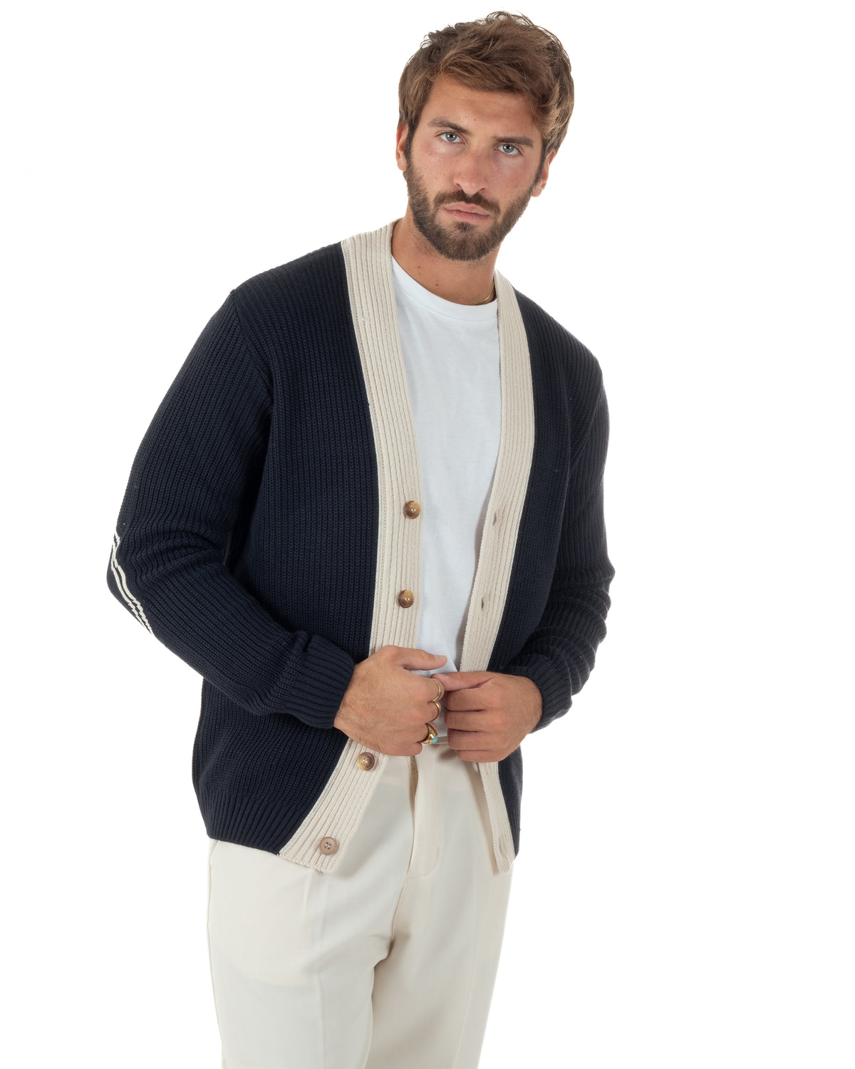 Cardigan giacca sciallata uomo maglia inglese con bottoni a contrasto blu BlackSunday-M3126A