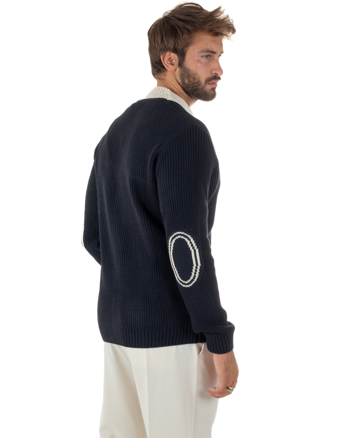 Cardigan giacca sciallata uomo maglia inglese con bottoni a contrasto blu BlackSunday-M3126A