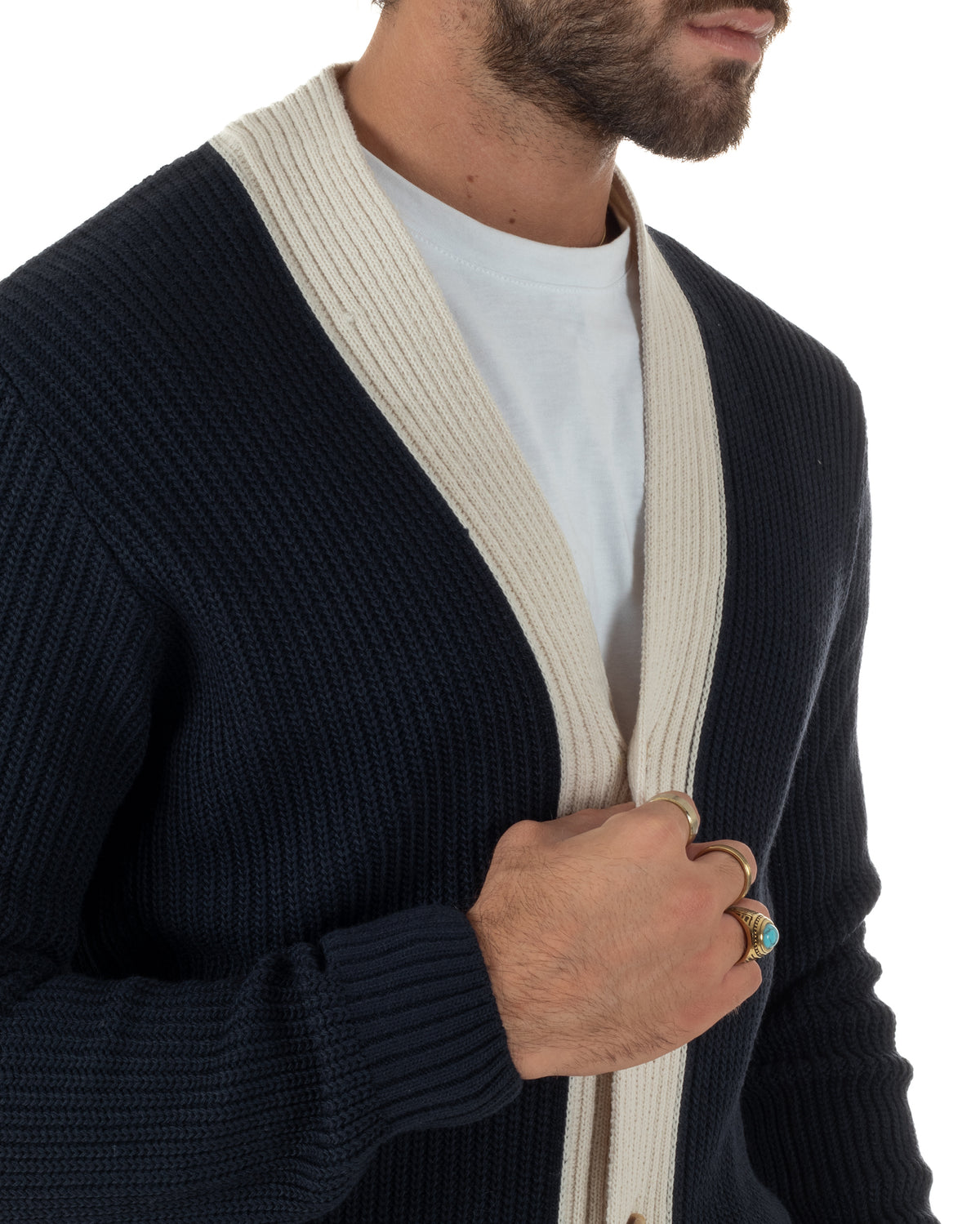 Cardigan giacca sciallata uomo maglia inglese con bottoni a contrasto blu BlackSunday-M3126A