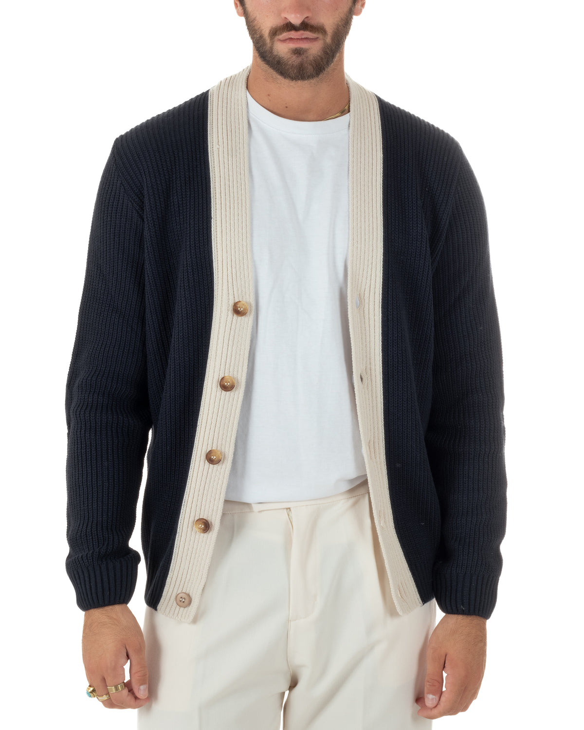 Cardigan giacca sciallata uomo maglia inglese con bottoni a contrasto blu BlackSunday-M3126A