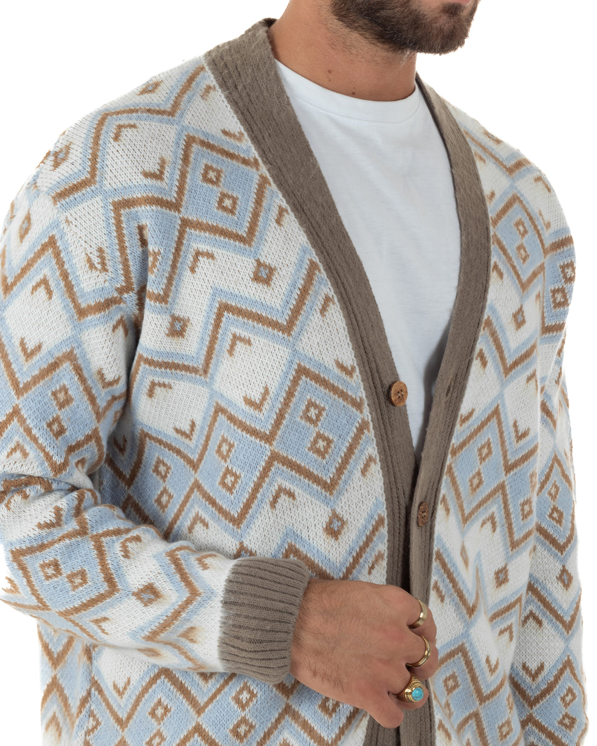 Cardigan giacca sciallata uomo maglia con bottoni fantasia geometrica tortora BlackSunday-M3127A