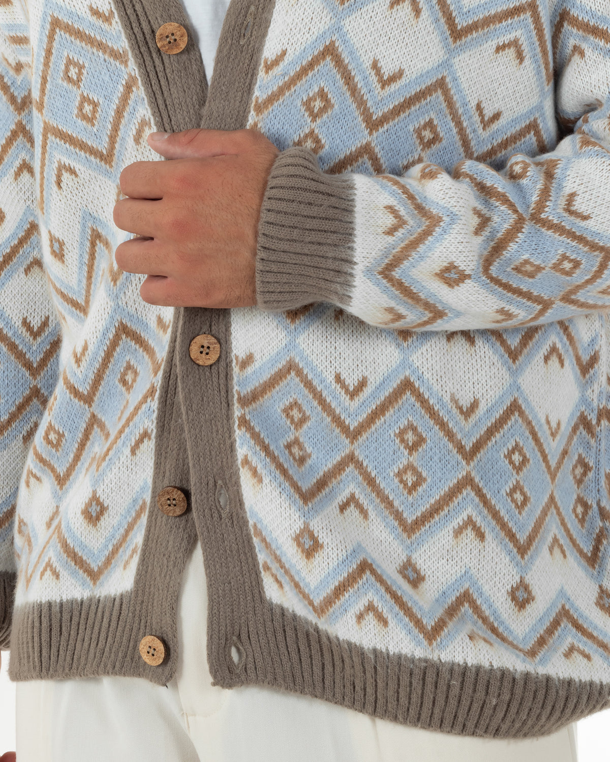 Cardigan giacca sciallata uomo maglia con bottoni fantasia geometrica tortora BlackSunday-M3127A
