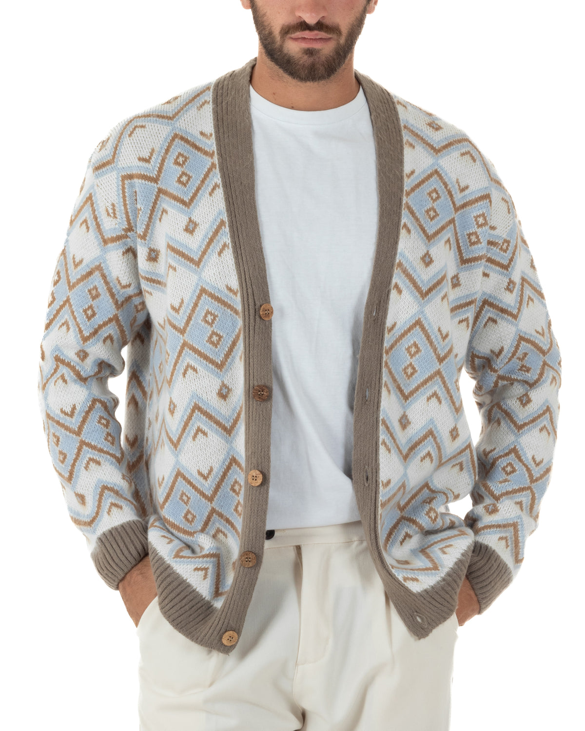 Cardigan giacca sciallata uomo maglia con bottoni fantasia geometrica tortora BlackSunday-M3127A