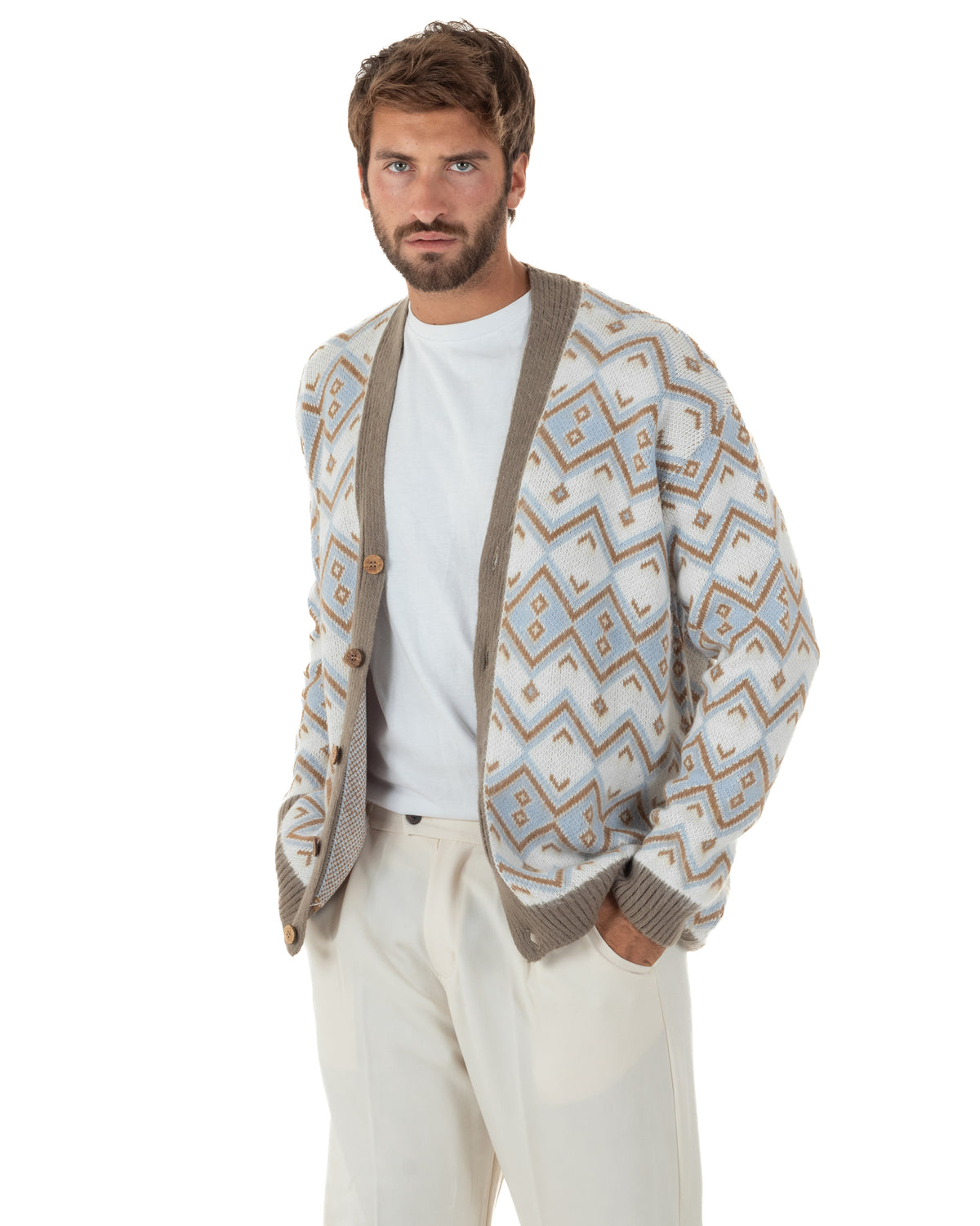 Cardigan giacca sciallata uomo maglia con bottoni fantasia geometrica tortora BlackSunday-M3127A