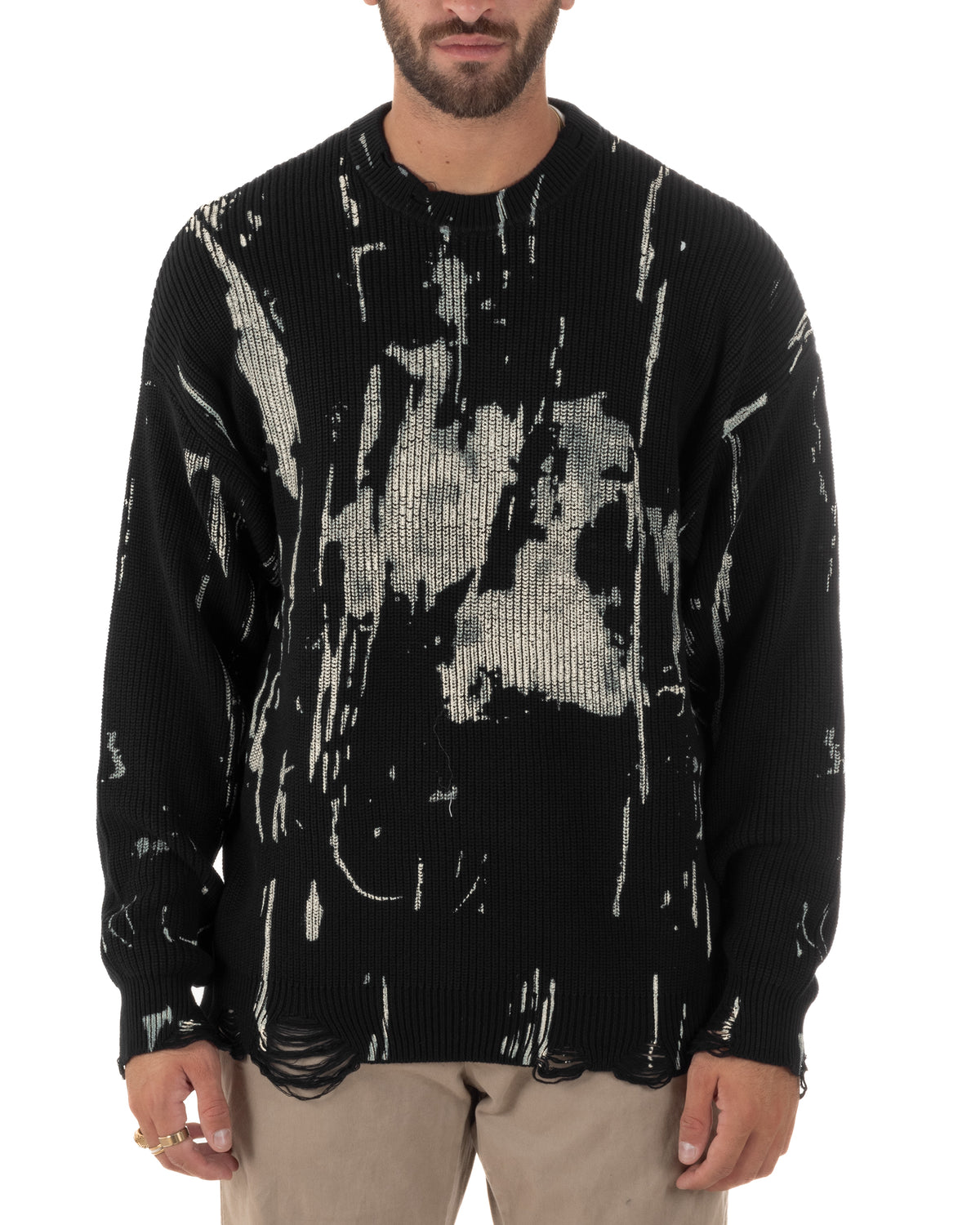 Maglione uomo girocollo maglia oversize rotture fantasia astratta nero GIOSAL-M3128A