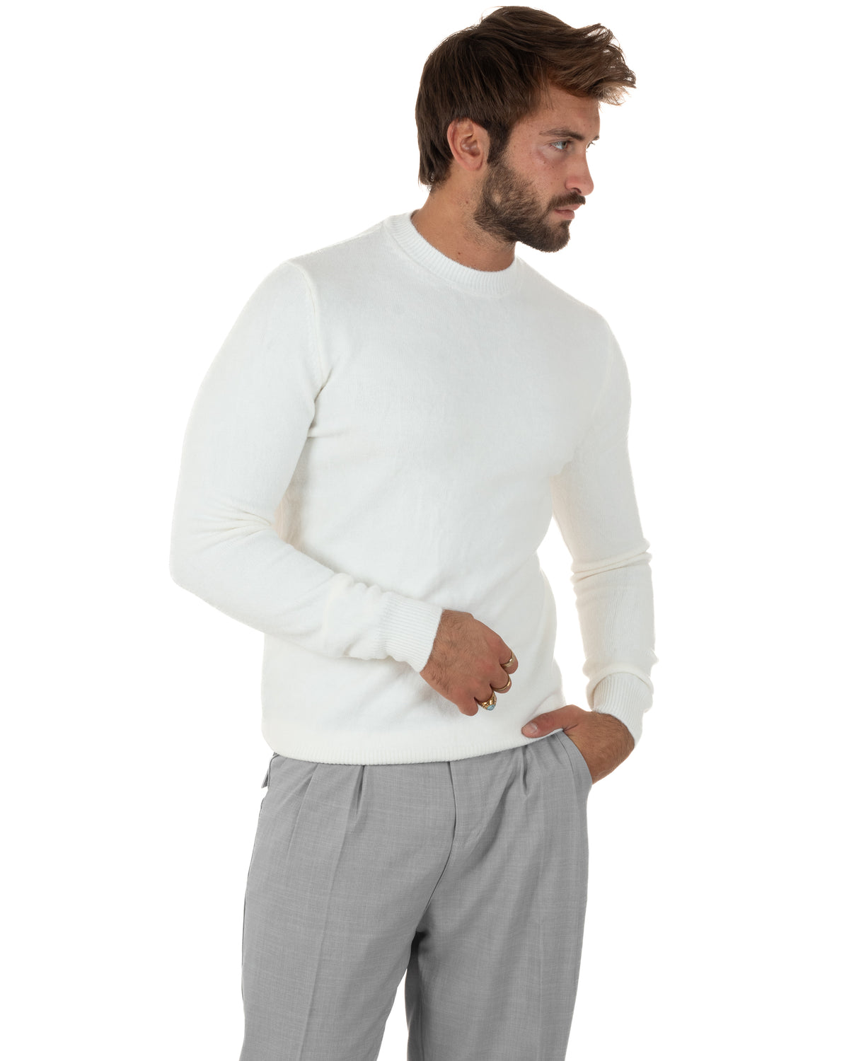Maglioncino uomo girocollo ciniglia caldo basic bianco GIOSAL-M3131A