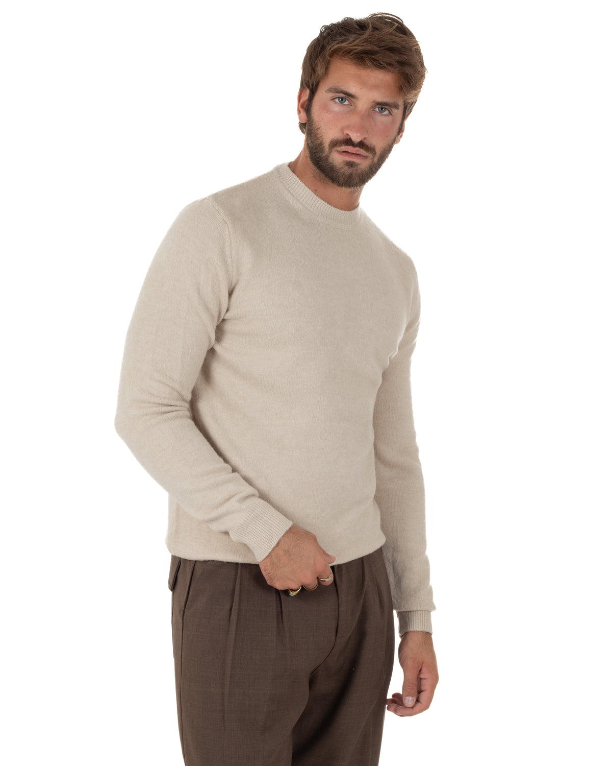 Maglioncino uomo girocollo ciniglia caldo basic beige GIOSAL-M3132A
