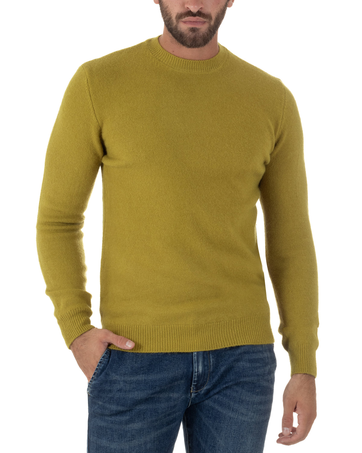 Maglioncino uomo girocollo ciniglia caldo basic verde ocra GIOSAL-M3133A