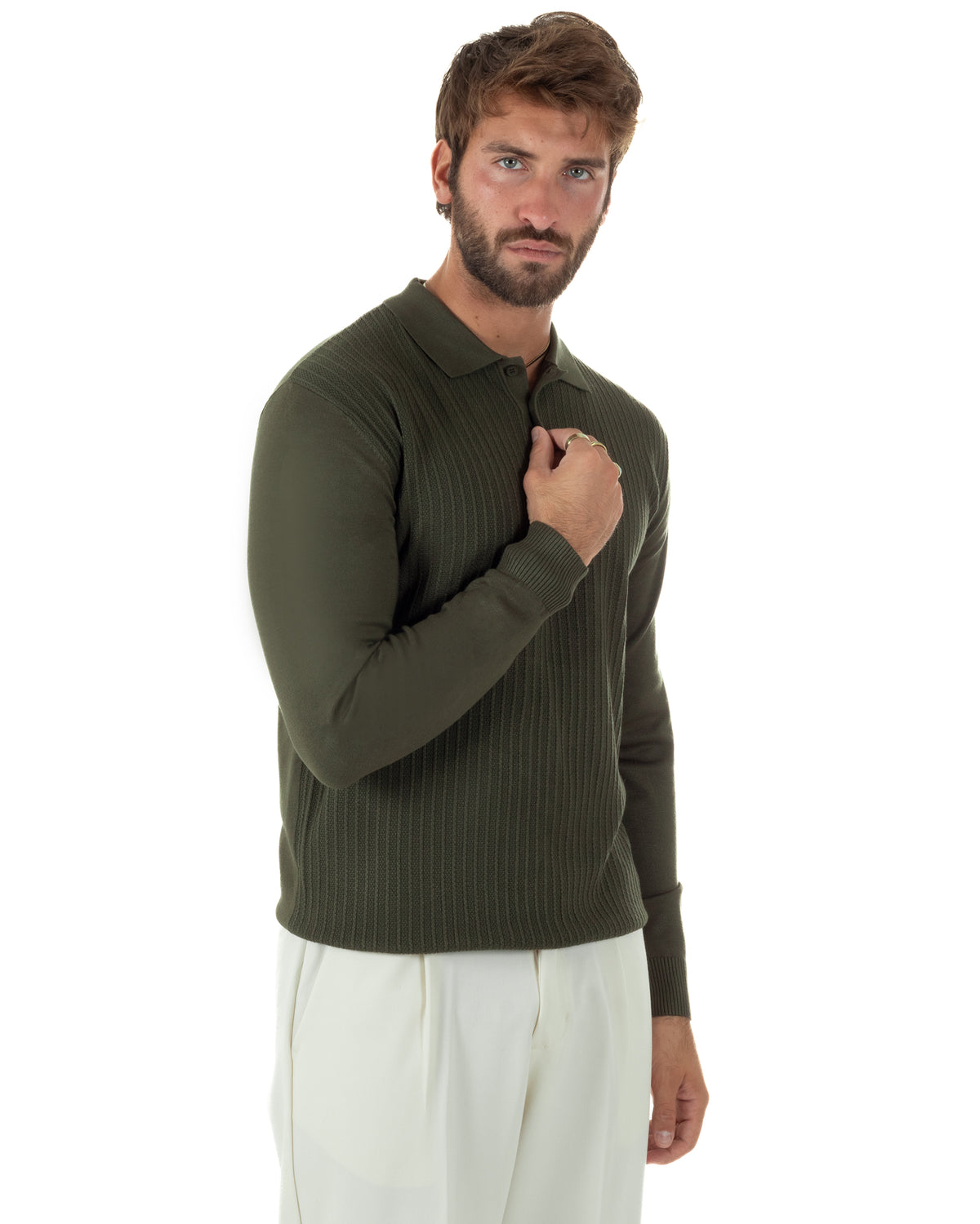 Polo maglia uomo colletto con bottoni coste verticali verde GIOSAL-M3134A
