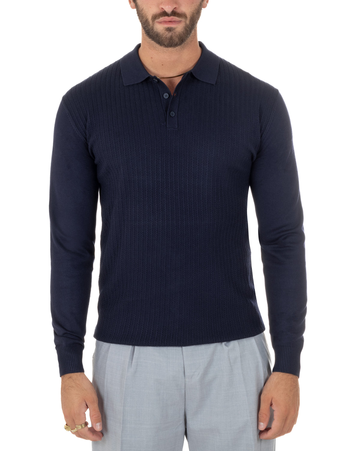 Polo maglia uomo colletto con bottoni coste verticali blu GIOSAL-M3135A