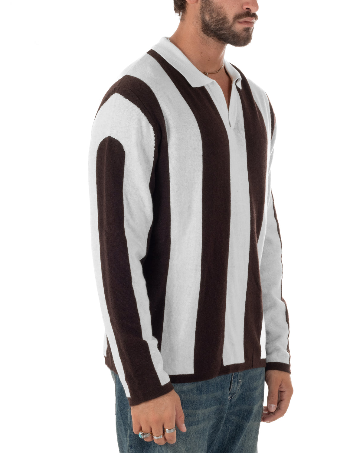 Maglioncino soccer polo uomo college a righe verticali marrone Berna- M 262269-346