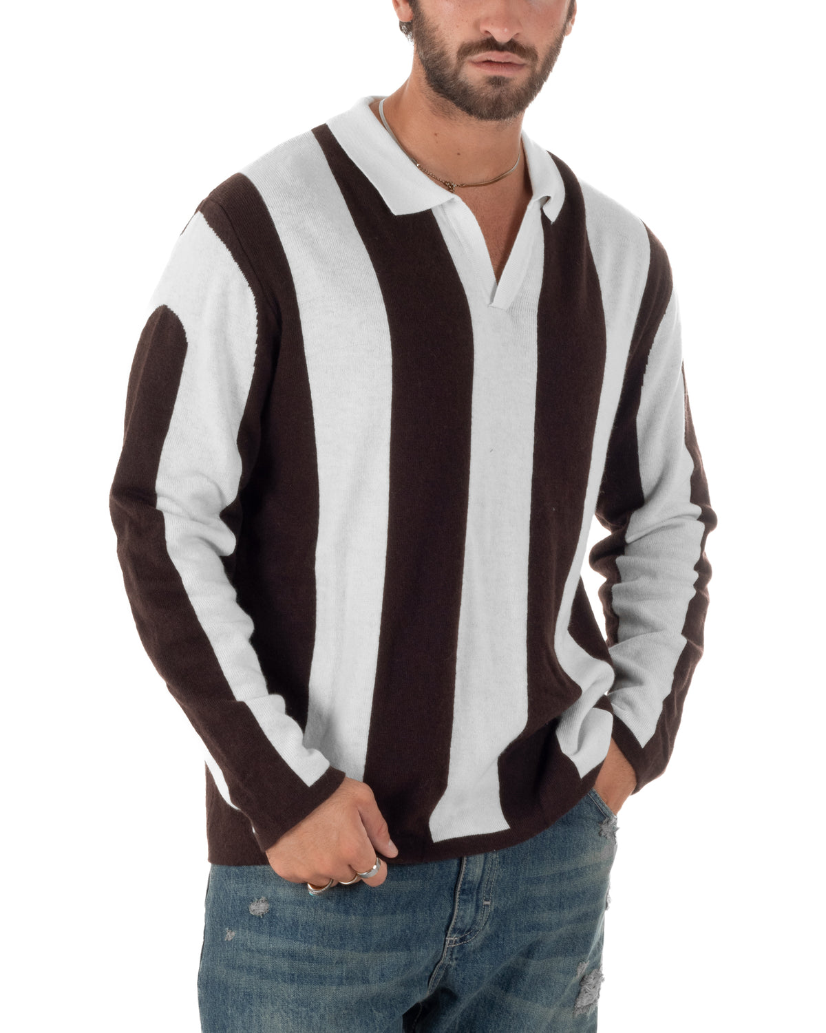 Maglioncino soccer polo uomo college a righe verticali marrone Berna- M 262269-346