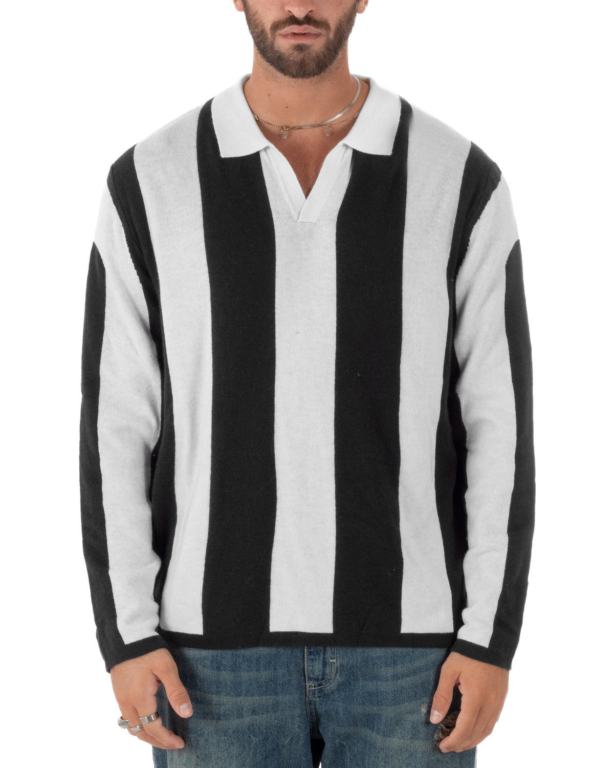 Maglioncino soccer polo uomo college a righe verticali nero Berna- M 262269-346