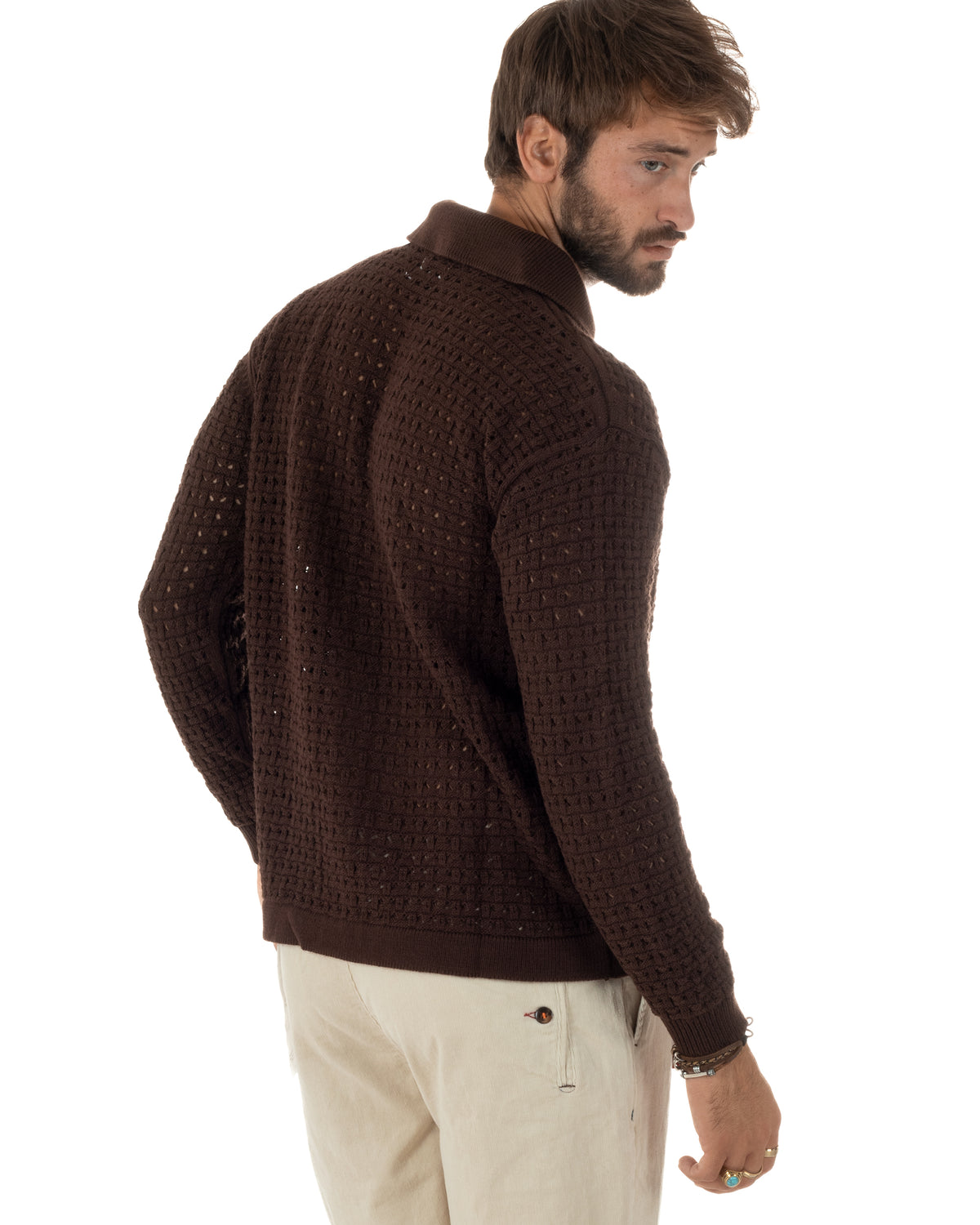 Cardigan uomo traforato con colletto polo e bottoni marrone Berna-M 262013-134