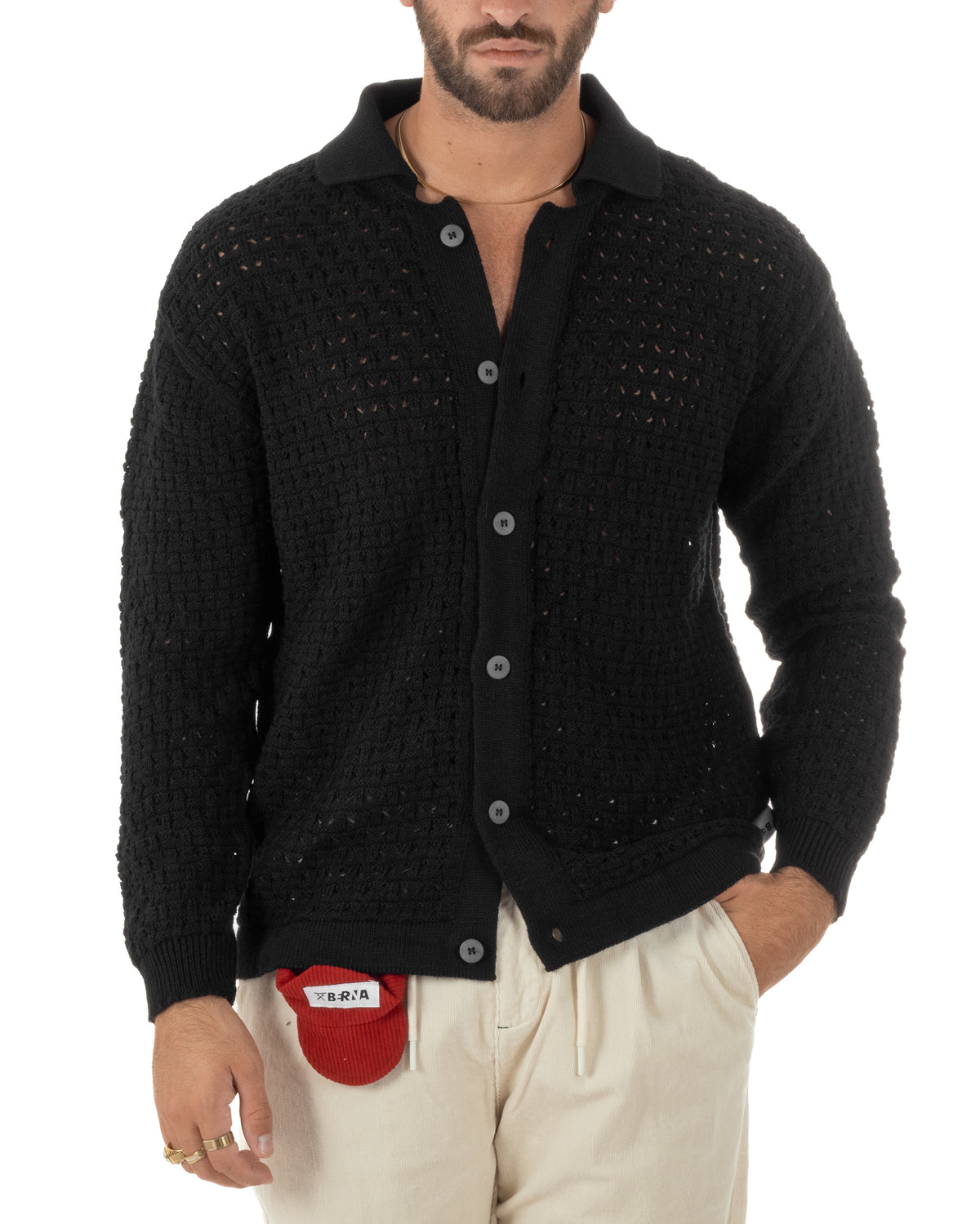 Cardigan uomo traforato con colletto polo e bottoni nero Berna-M 262013-134