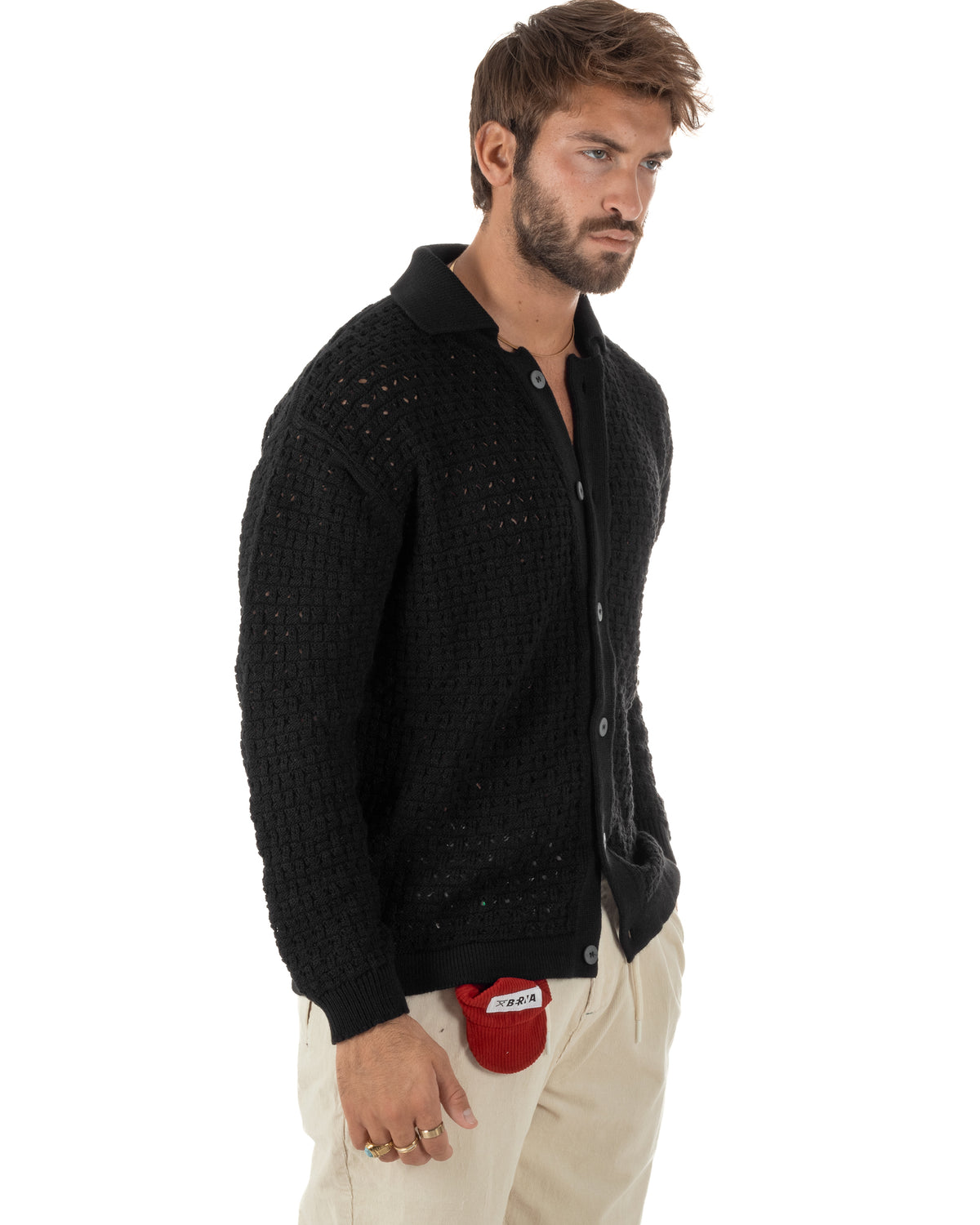 Cardigan uomo traforato con colletto polo e bottoni nero Berna-M 262013-134