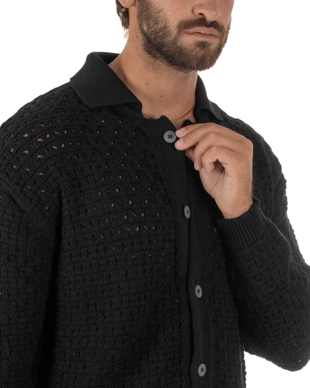 Cardigan uomo traforato con colletto polo e bottoni nero Berna-M 262013-134