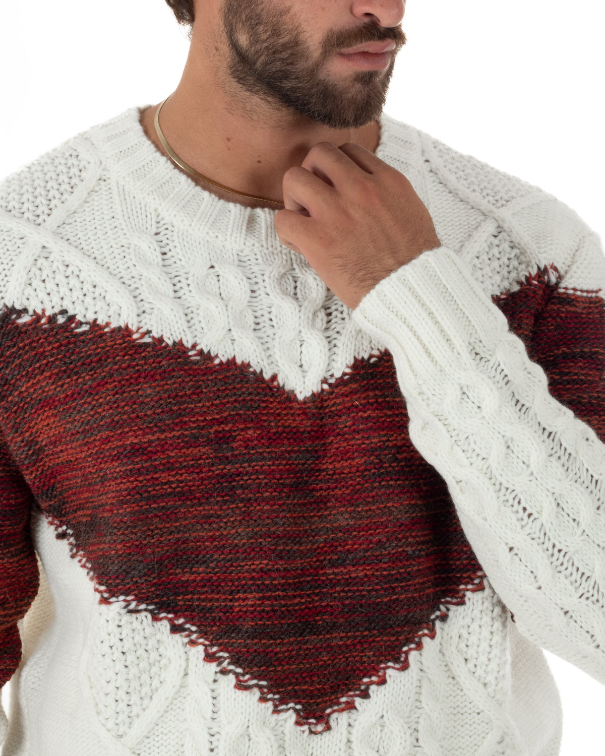 Maglione uomo girocollo con lavorazione a trecce e motivo geometrico panna Berna-M 262270-128