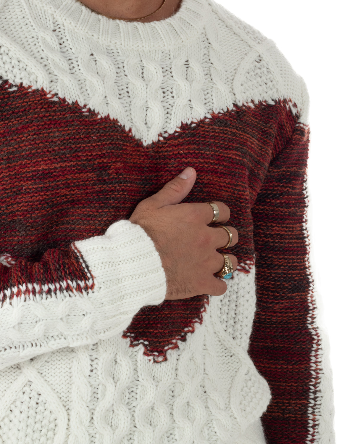 Maglione uomo girocollo con lavorazione a trecce e motivo geometrico panna Berna-M 262270-128