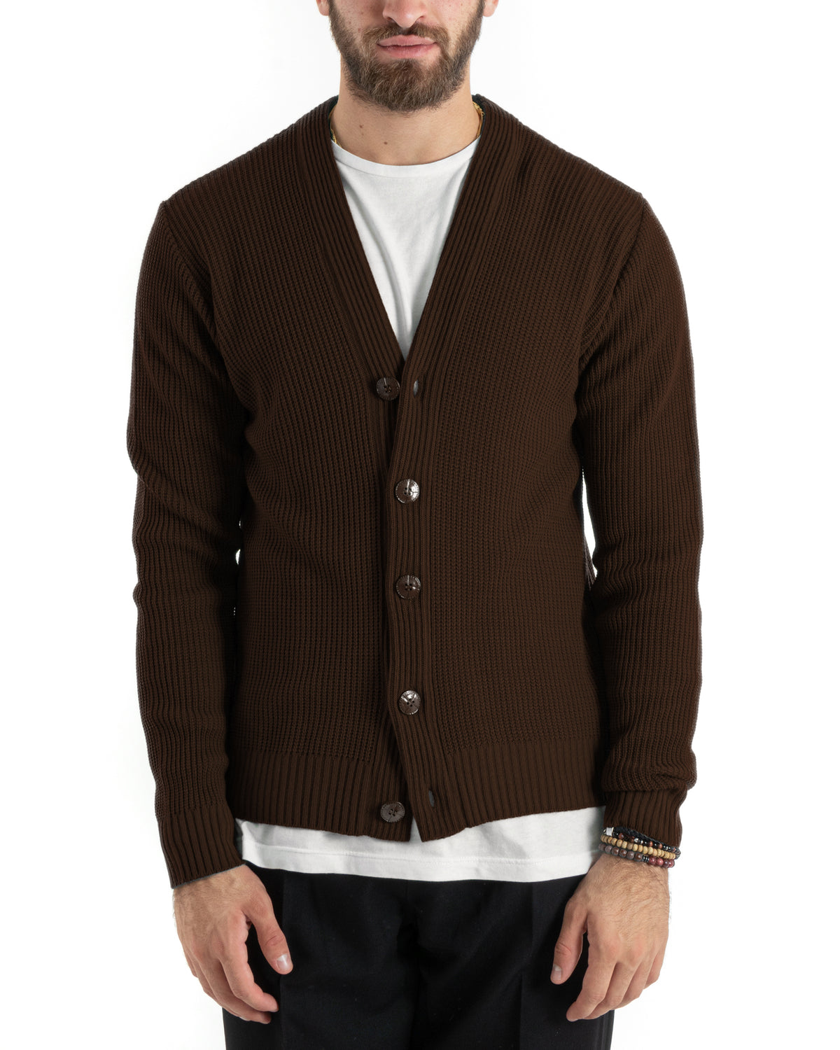 Cardigan Uomo Giacca Con Bottoni Maglioncino Scollo V Maglia Inglese Marrone GIOSAL-M3143A
